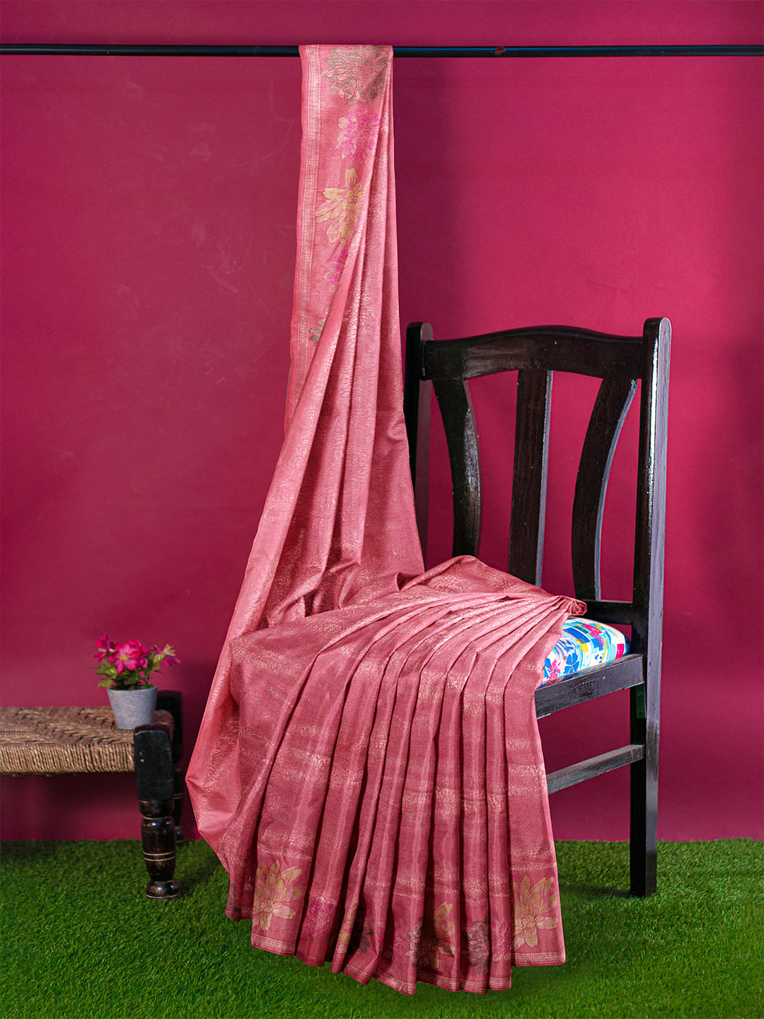 Women Coral Pink Semi Mysore Silk Saree SS373
