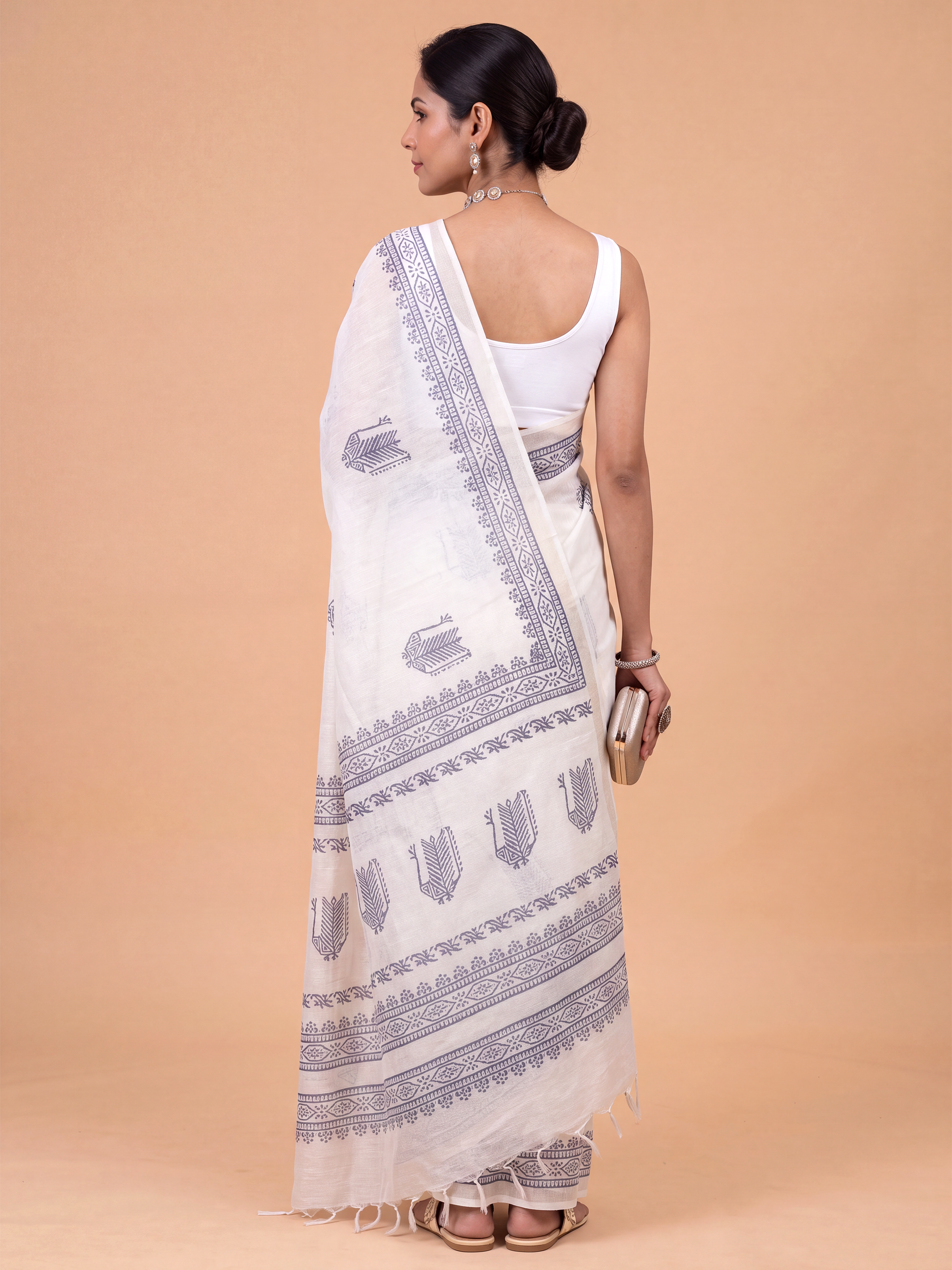 Women White Semi Chanderi Cotton Printed Saree SC82