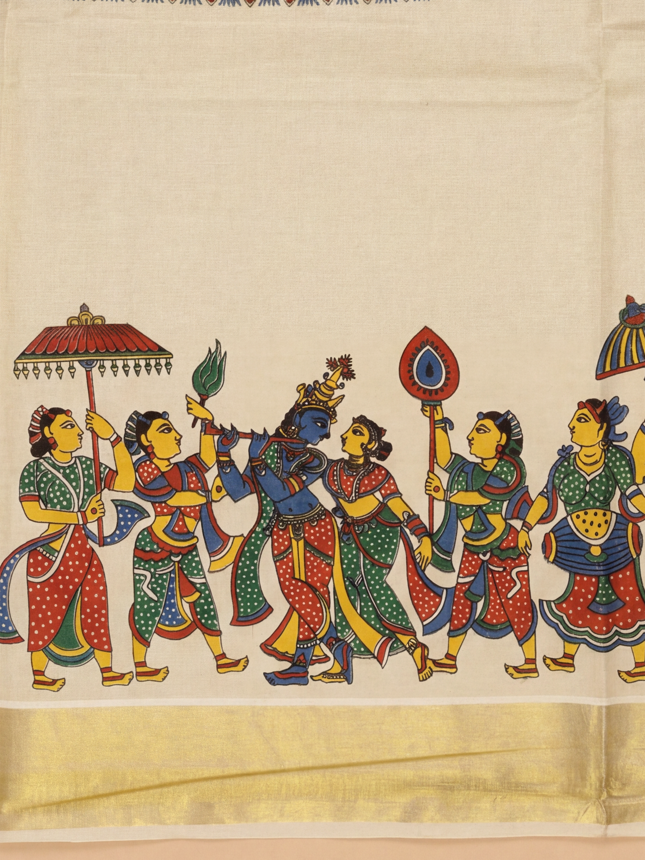 Women Tissue Cream Krishna Printed Kerala Saree KLS27