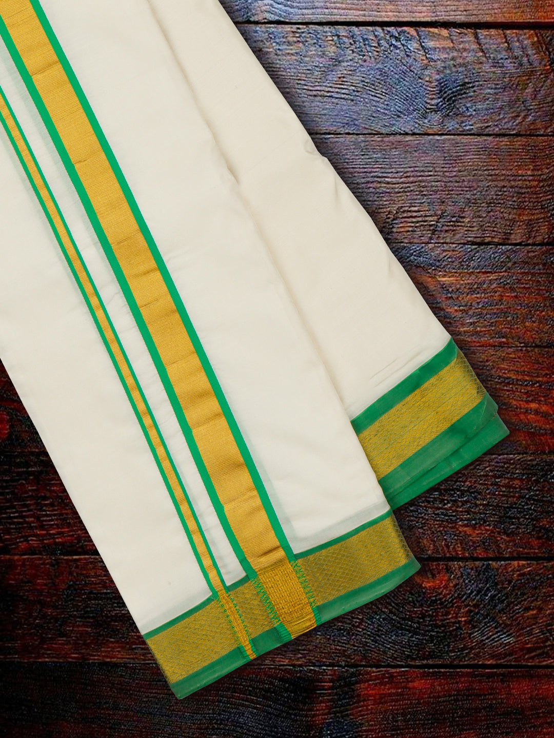 Premium Pure Silk Cream Dhoti with 1" Gold Jari Mixing Green Color Fancy Border "Upasana"