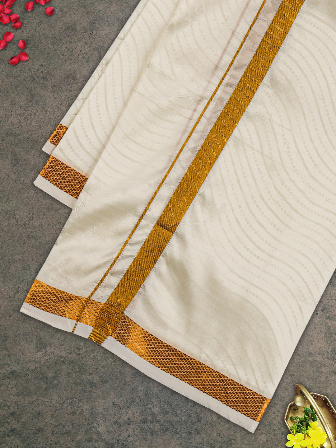 Men Gold Border Double Dhoti & Towel Set Ishwaryam Embose