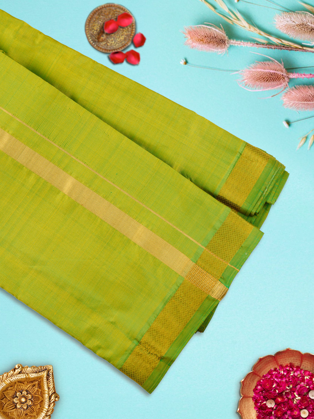 Premium Pure Silk Parrot Green Dhoti With Angavastram 1" Gold Jari Border Thirukalyan-view three