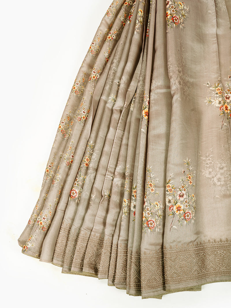 Semi Raw Silk Beige Colour Printed Saree with Embroidered Border SRS21