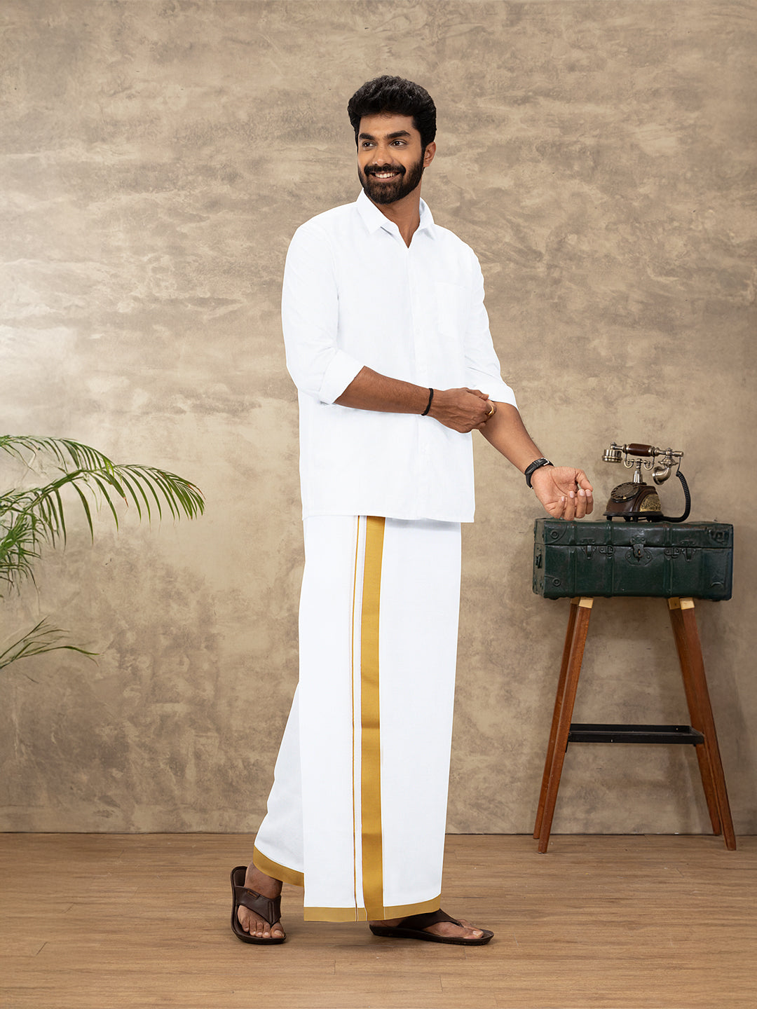 Men Cotton Blend Double Layer White Dhoti with Fancy Border TS03