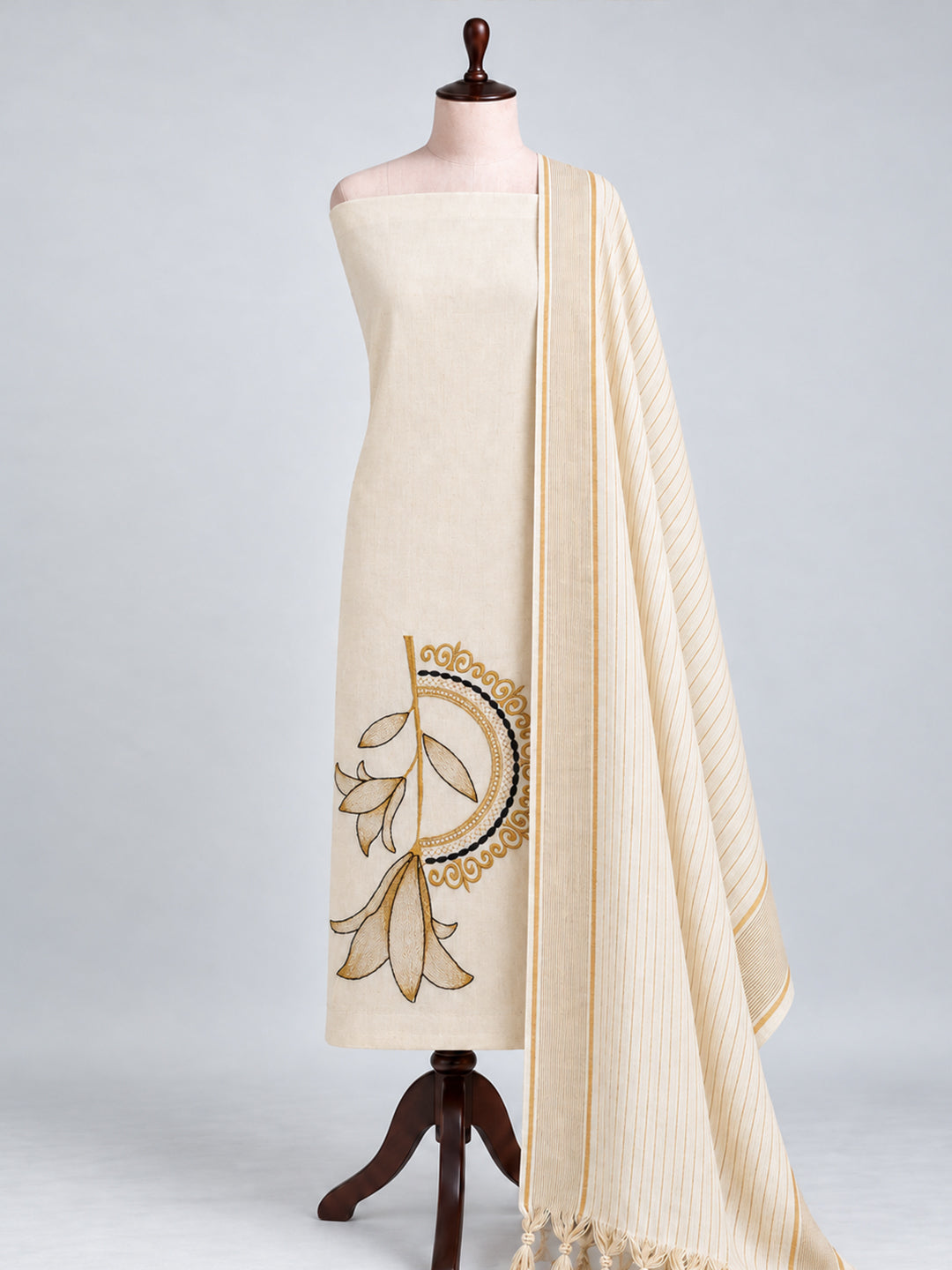 Women Kora Cotton Cream Embroidered Dress Material DM381