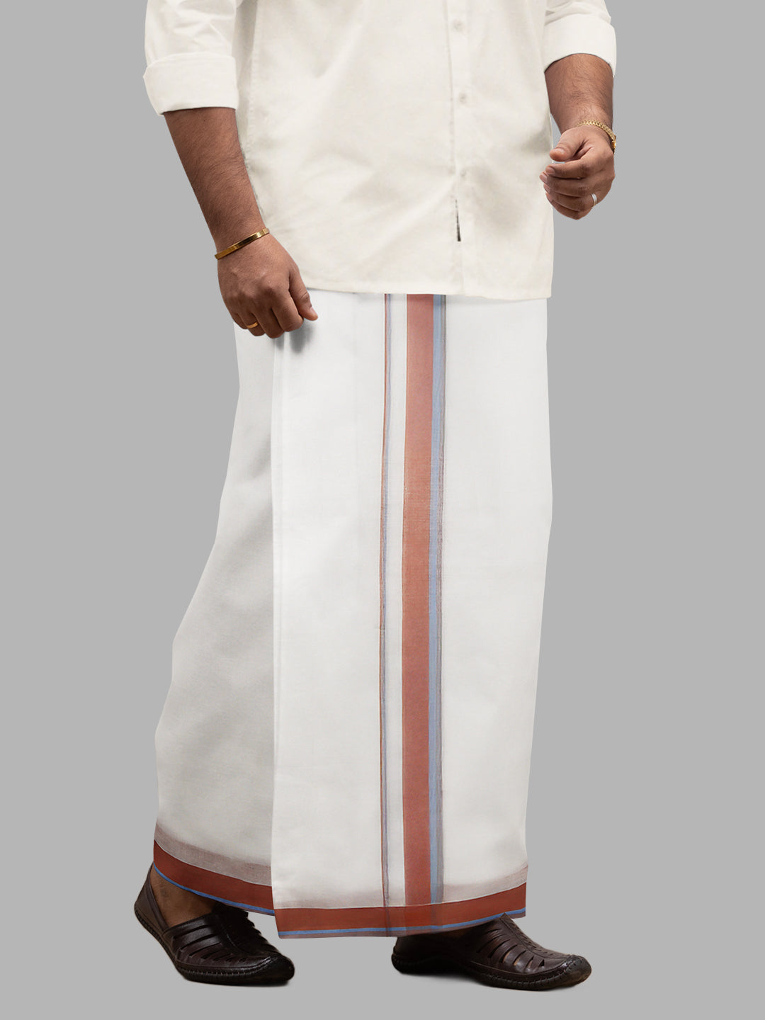 Men Brown Fancy Border Double Layer White Dhoti RVS02