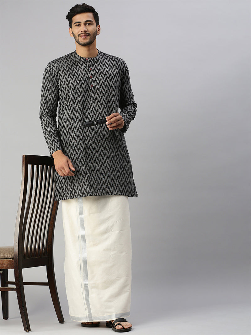 Mens Kora Double Dhoti 1" Silver Jari Border Silver Mark
