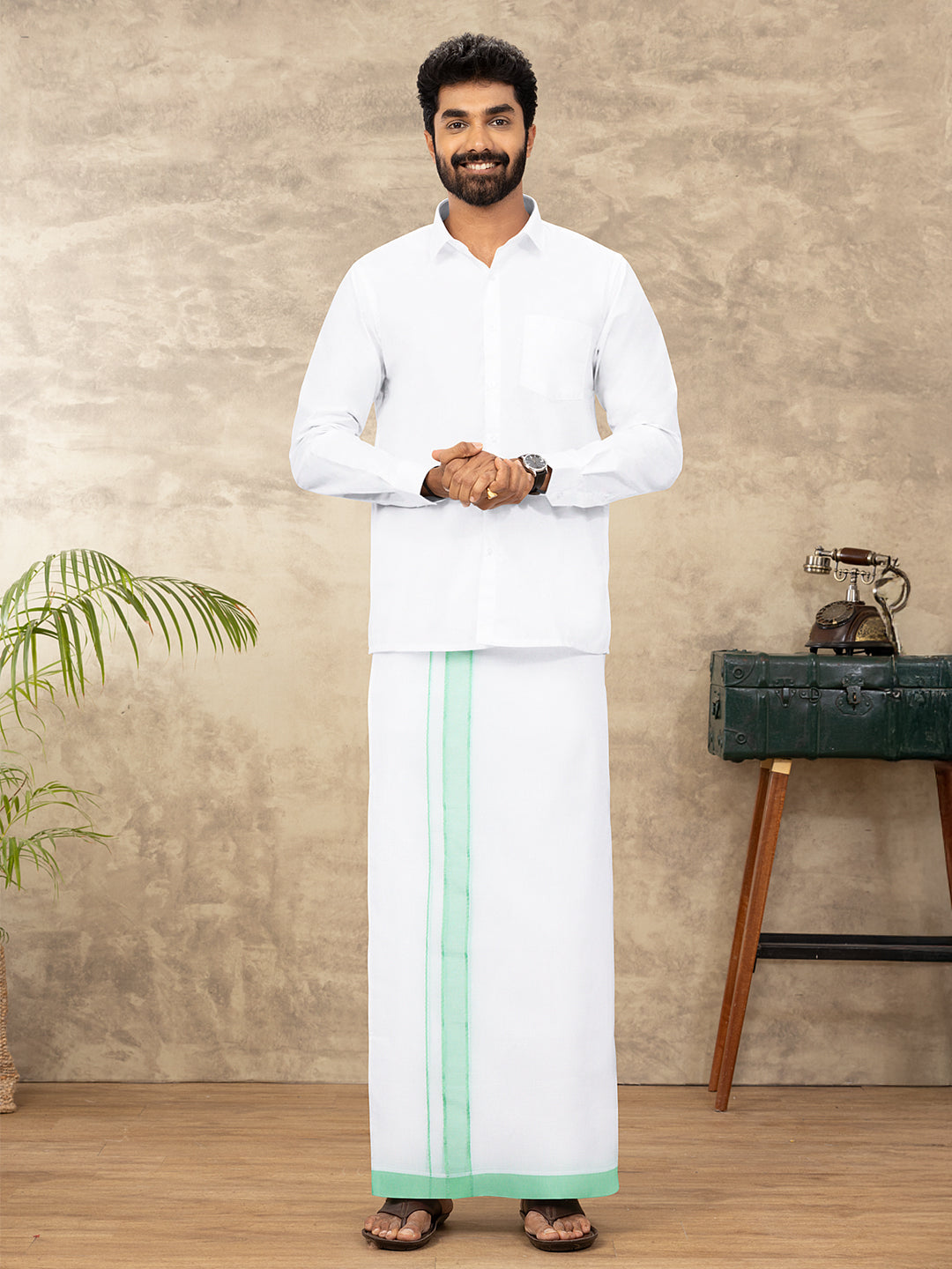 Men 100% Cotton Double Layer White Dhoti with Fancy Border RFP04