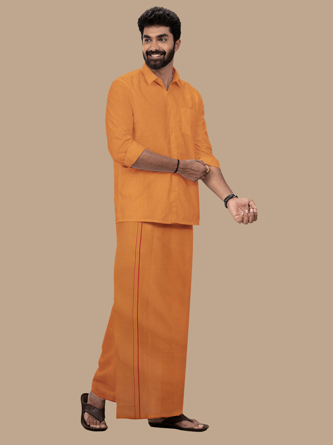 Men Assorted Border Readymade Single Dhoti Dark Kavi