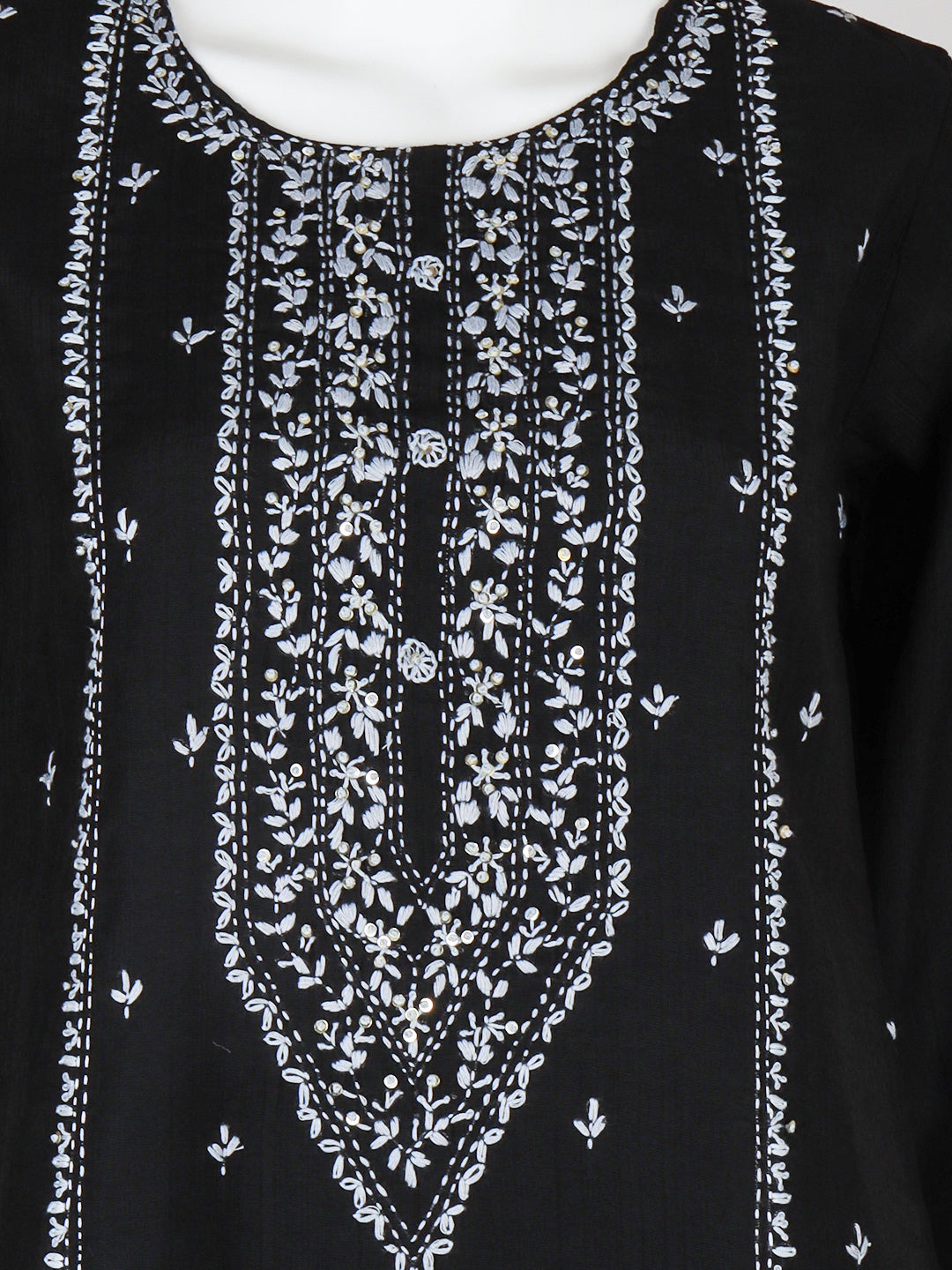 Women Silky Crush Embroidered Kurti Set Black EKS89