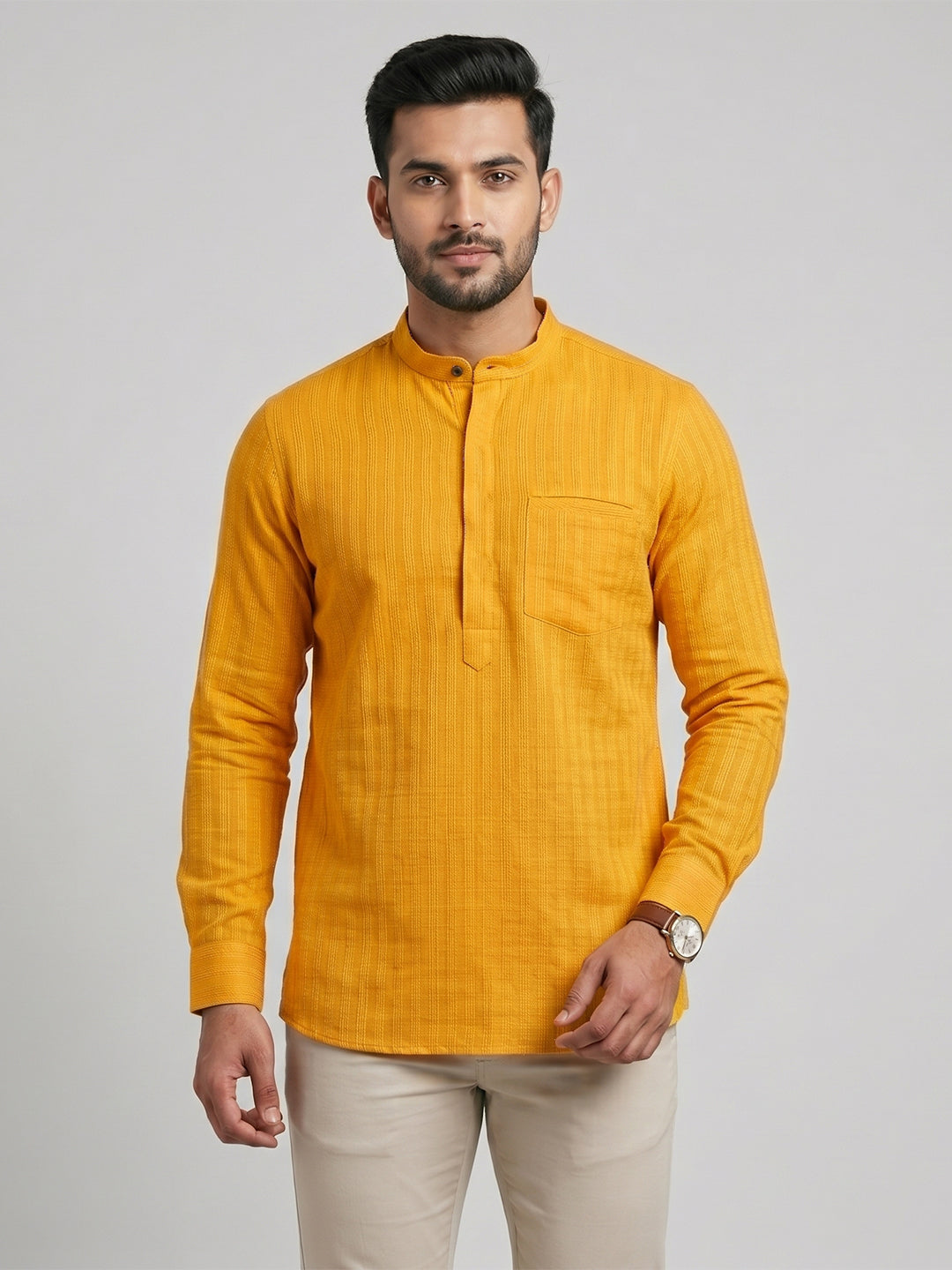 Men Cotton Short Length Self Design with Stripes Pocket Kurta Orange Y27