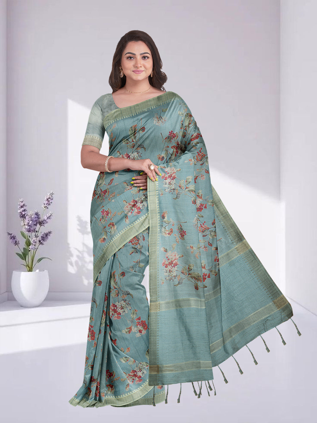 Women Mint Green Semi Raw Silk Printed Saree SRS106