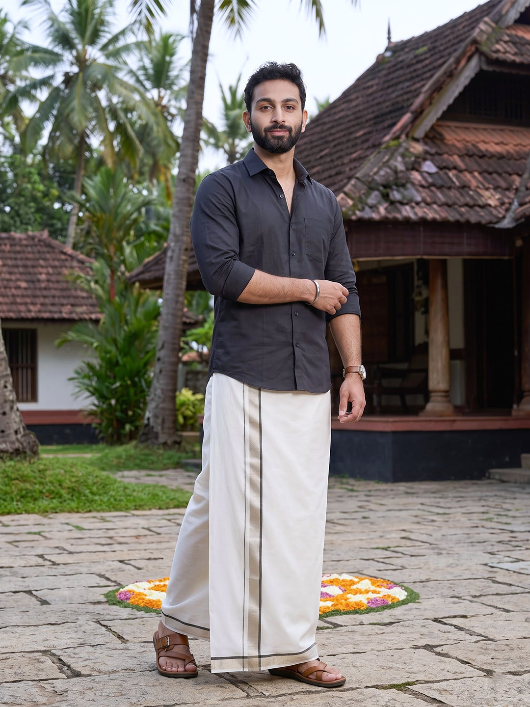 Double Layer 100% Cotton White Dhoti with Colour Jari Border - LC53