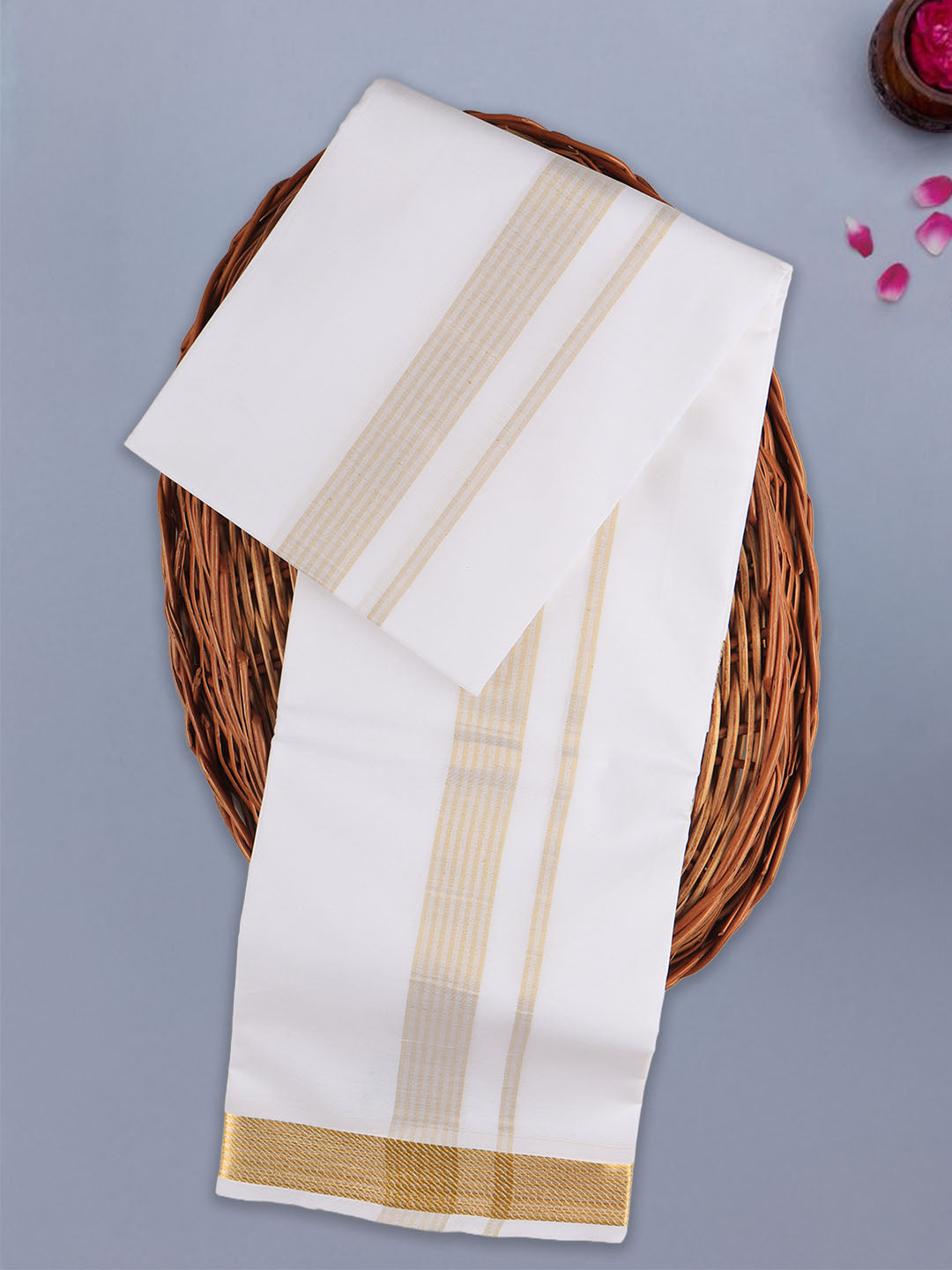 Men Premium Single Layer White Dhoti with Gold Jari Border Majesty