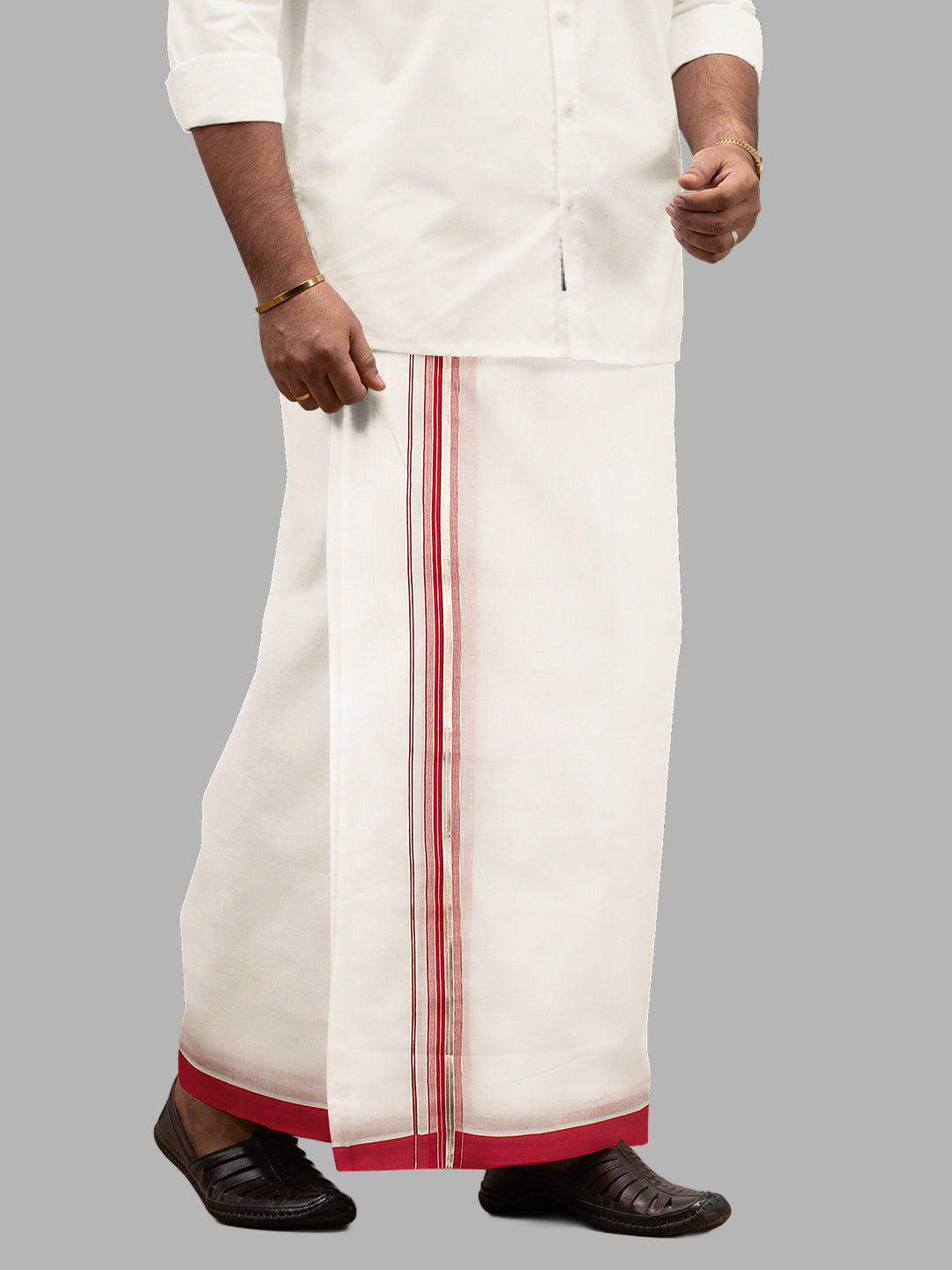 Men Red Fancy Jari Border Double Layer White Dhoti RG03