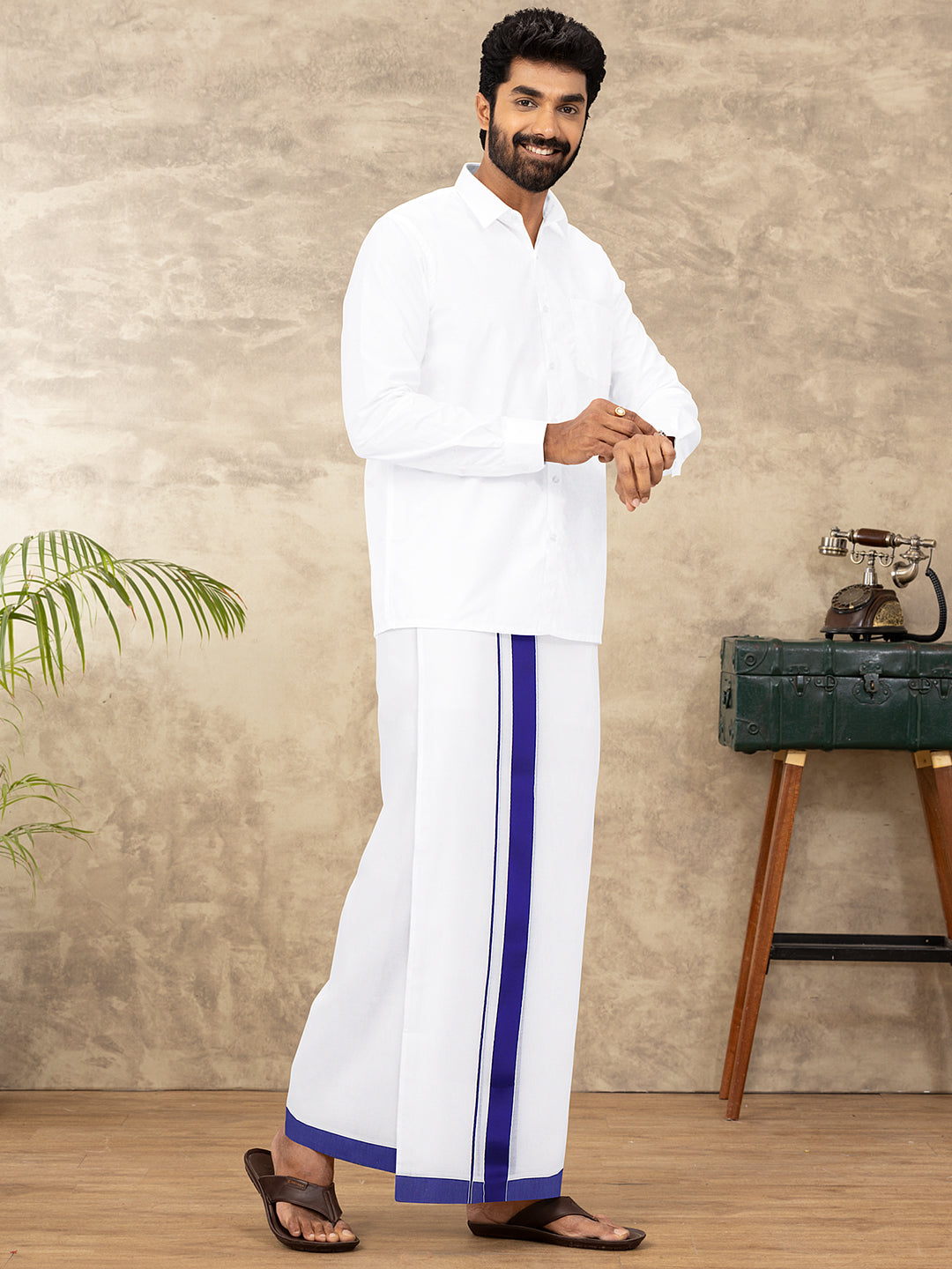 Men 100% Cotton Double Layer White Dhoti with Big Border RFS01