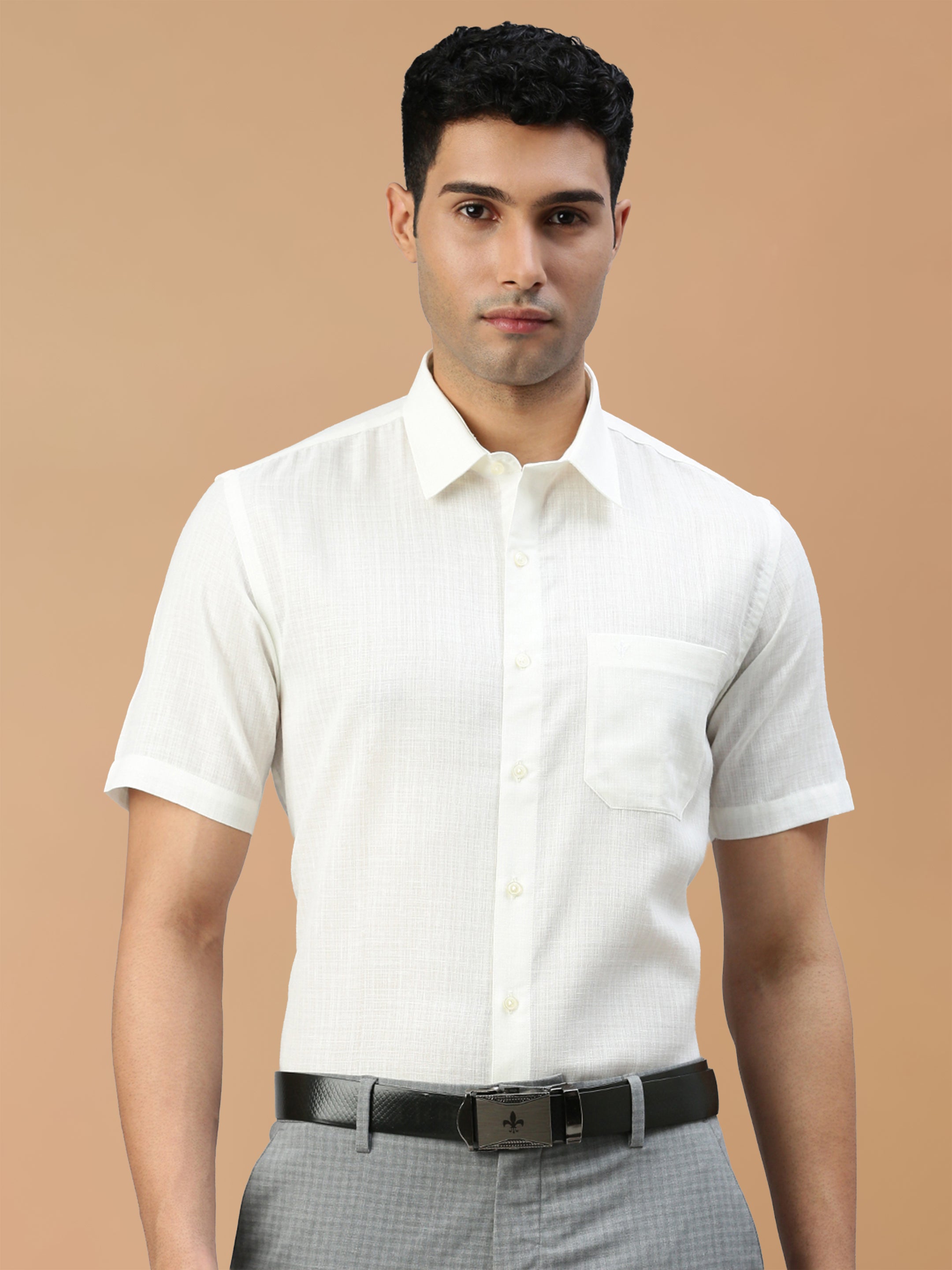 Cotton Rich Self Design Cream Regular Fit Shirt Celebrity 2