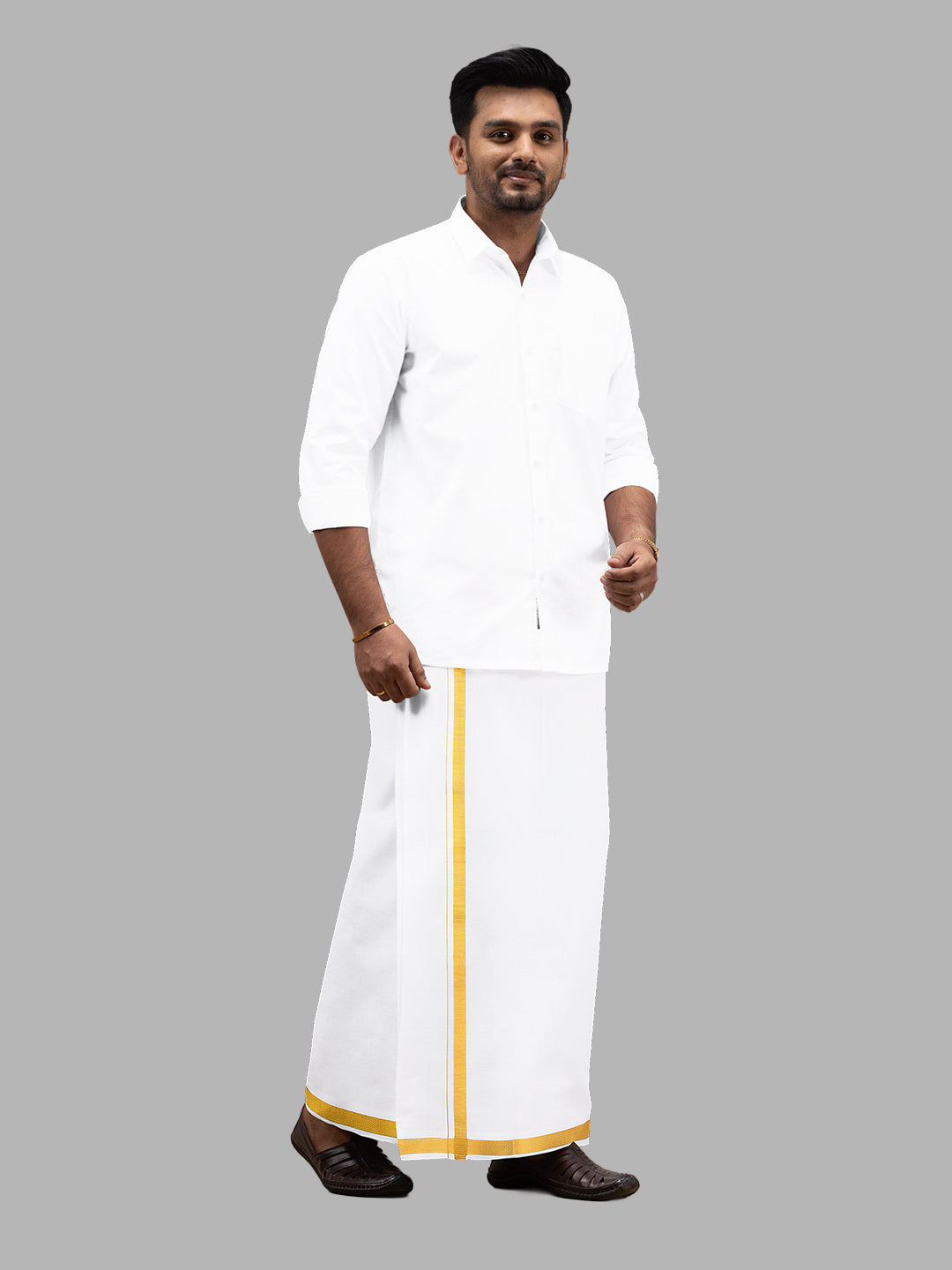 Men Cotton Blend Single Layer White Dhoti with Double Side Fancy Jari Border GP04