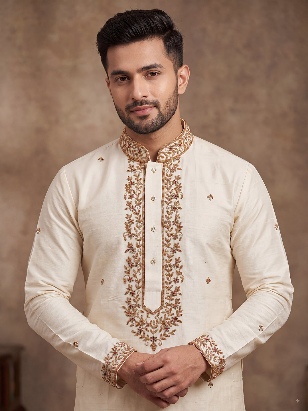 Premium Pure Tussar Silk Hand Embroidered Customized Small Floral Motifs , Jari Dozi Cut-Dana Kurta Panchakacham with Angavastram | Pushpa Tilakam