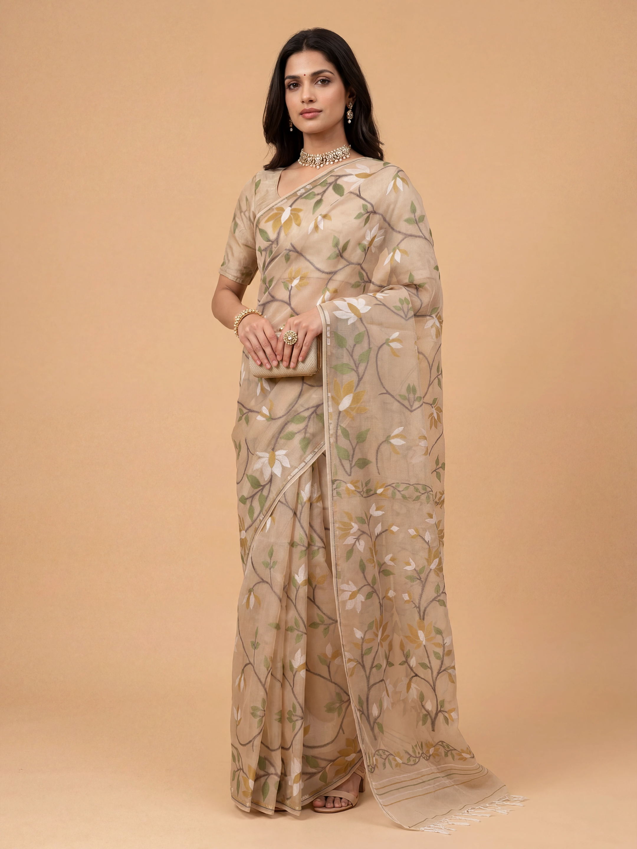 Women Semi Linen Printed Light Brown Saree SL251