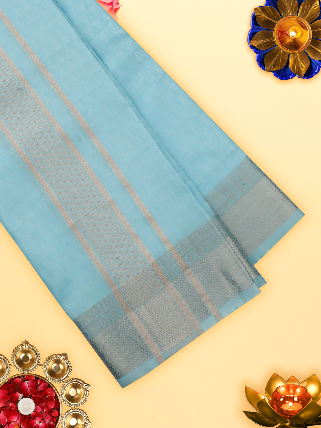 Premium Pure Silk Blue Dhoti with 3" Silver Jari Border Upasana