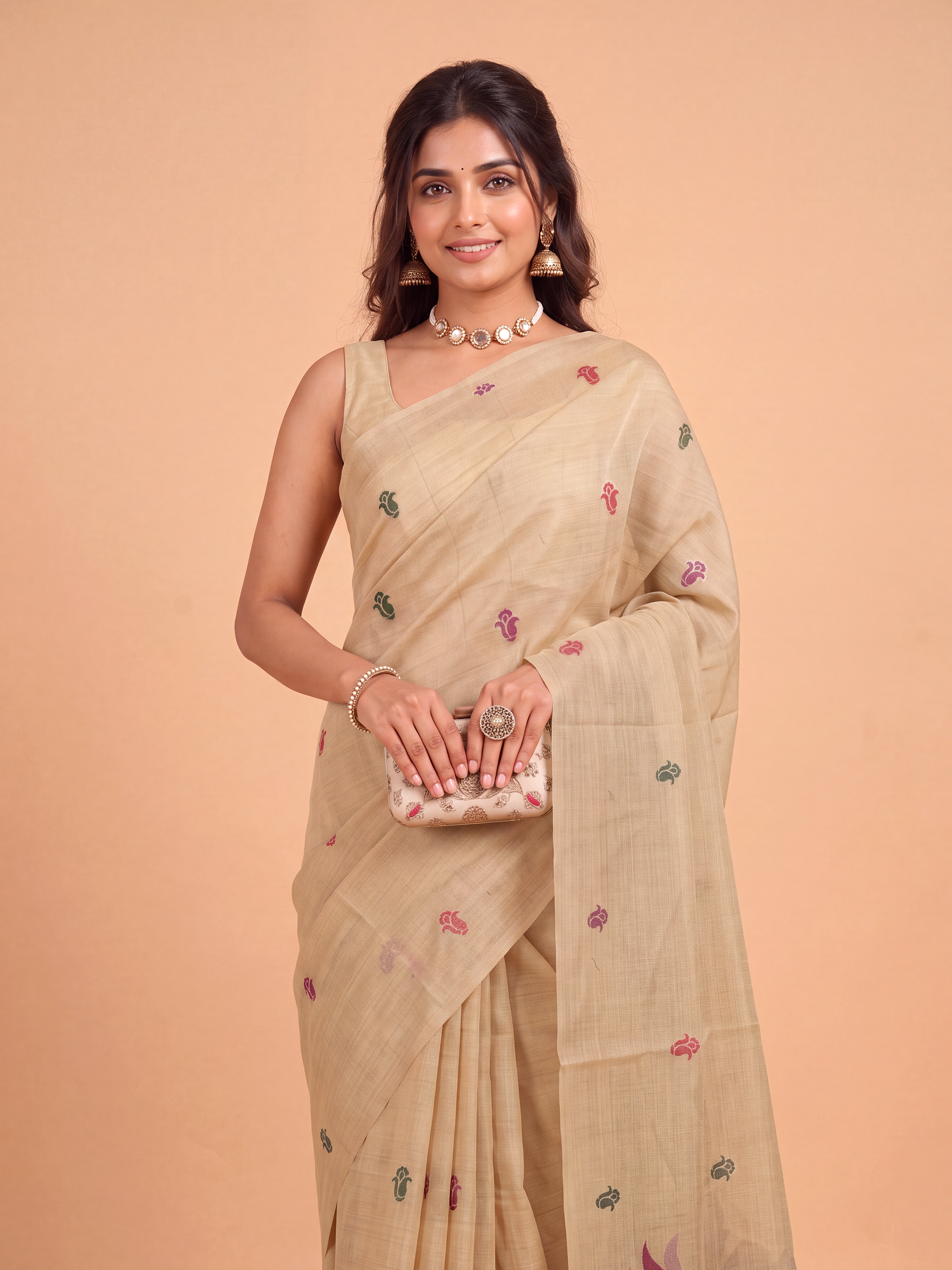 Women Light Brown Spun Poly Printed Saree SP12