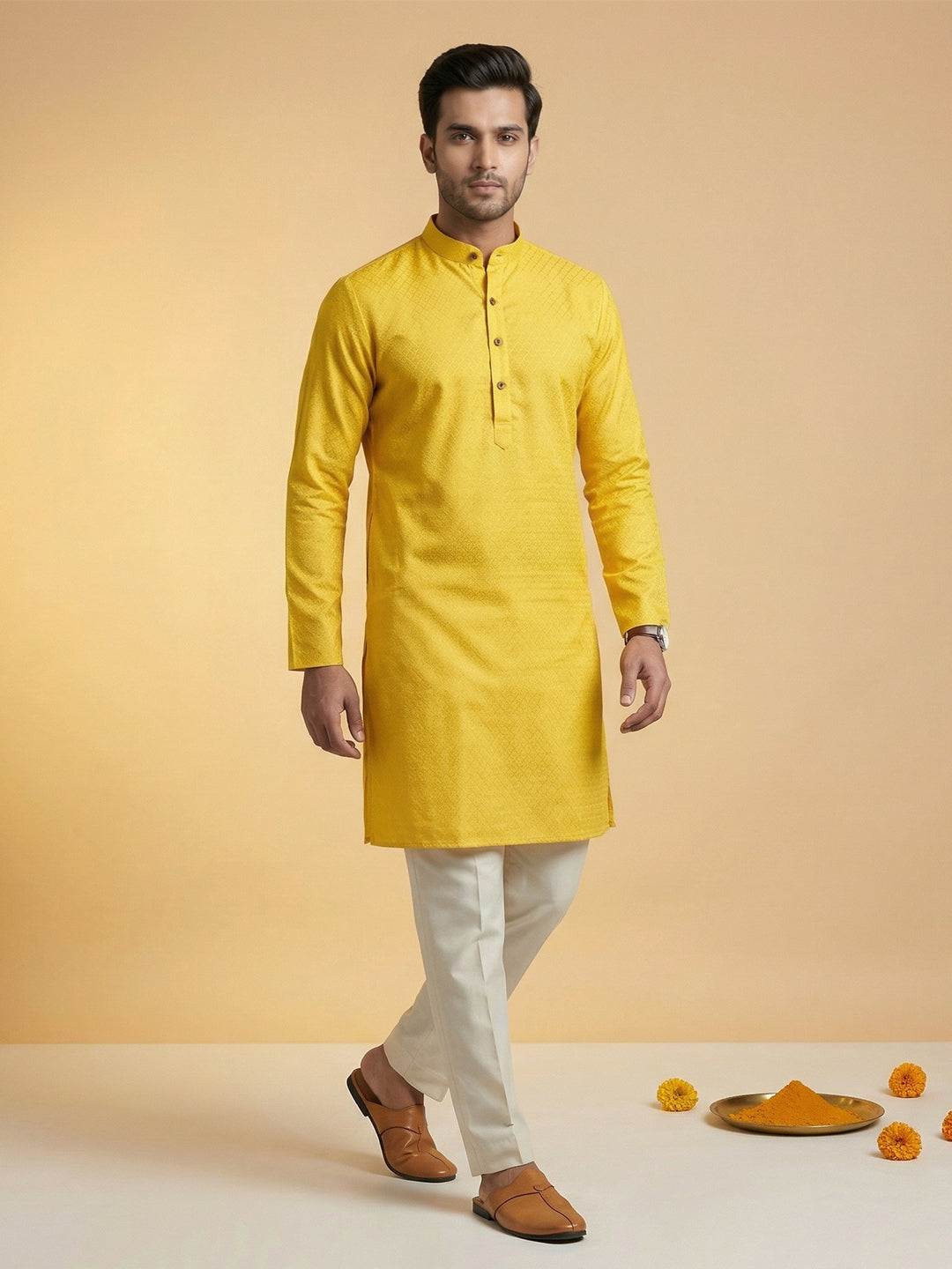 Cotton Medium Length Self Design Pocket Kurta Yellow D3