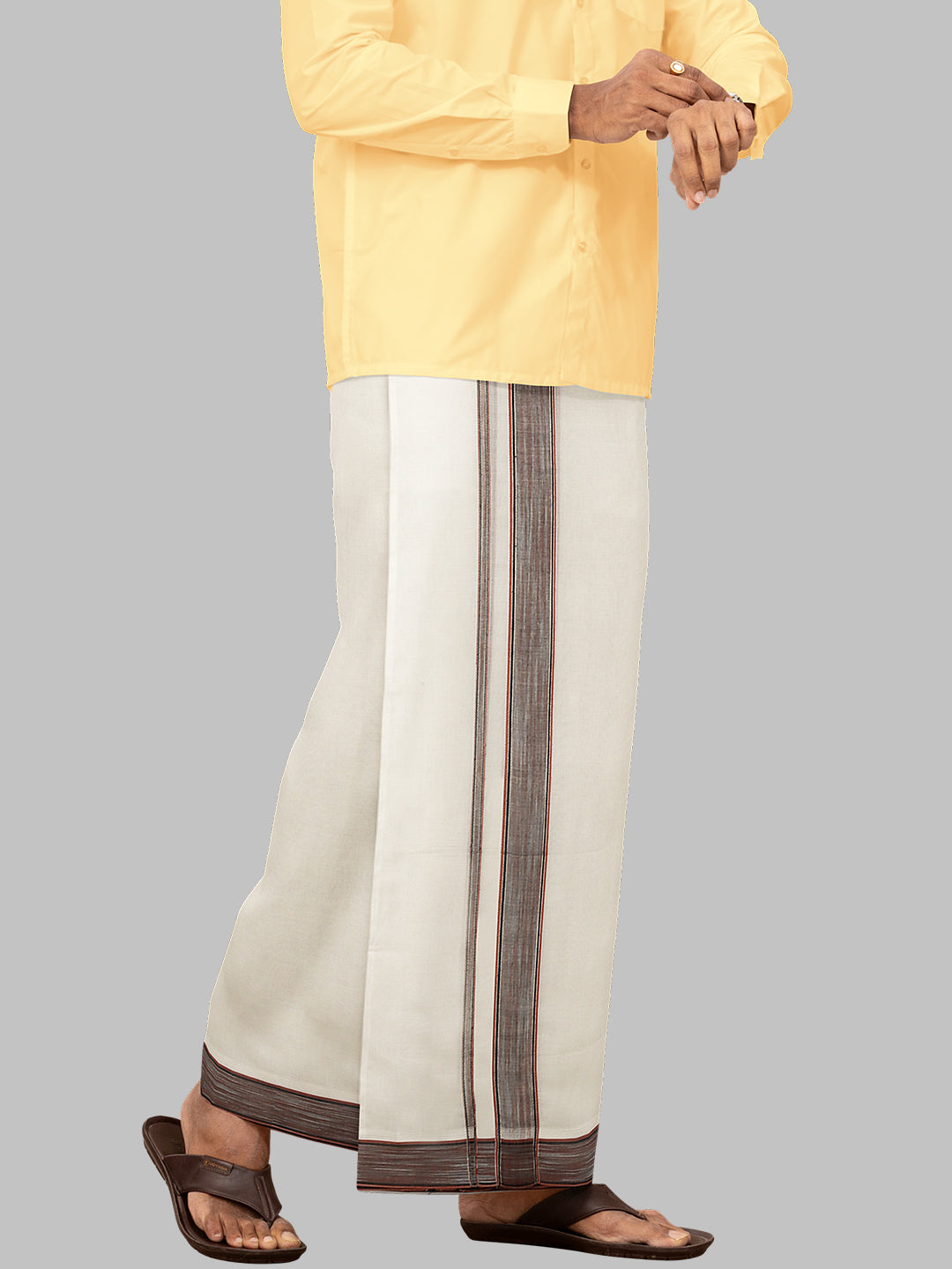 Men Brown Fancy Jari Border Double Layer Kora Dhoti Harmony HF07