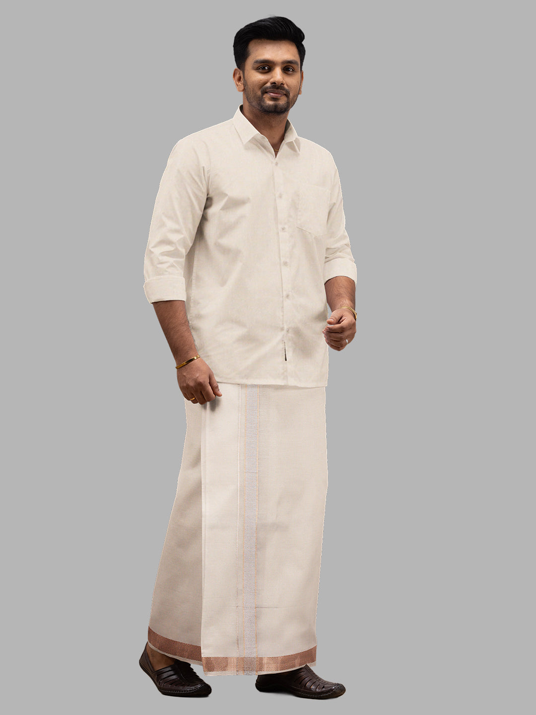 Men Tissue Unstitched Shirting & Dhoti Celebrity Set Copper UFA01
