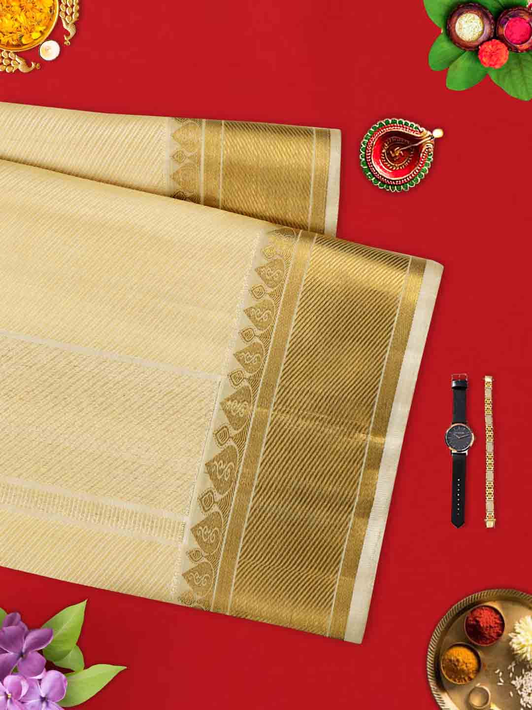 Mens Pure Silk Fawn 4" Gold Jari Border Dhoti with Towel Amirtham-View three