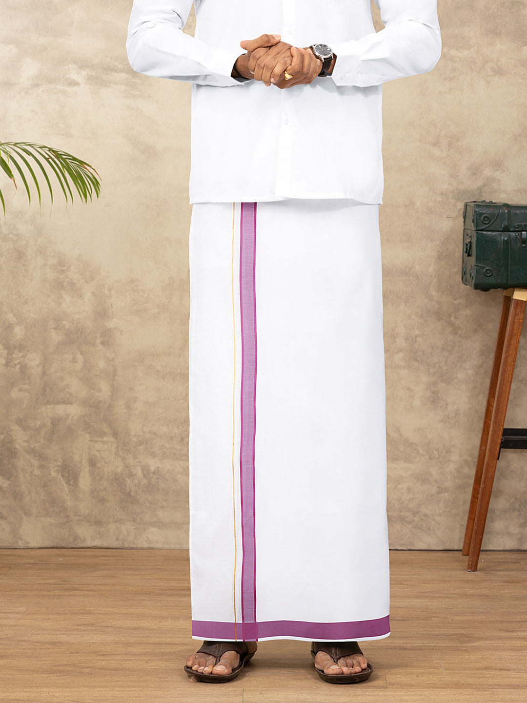 Men Cotton Blend Readymade Double Layer White Dhoti with Fancy Jari Border GFDA10
