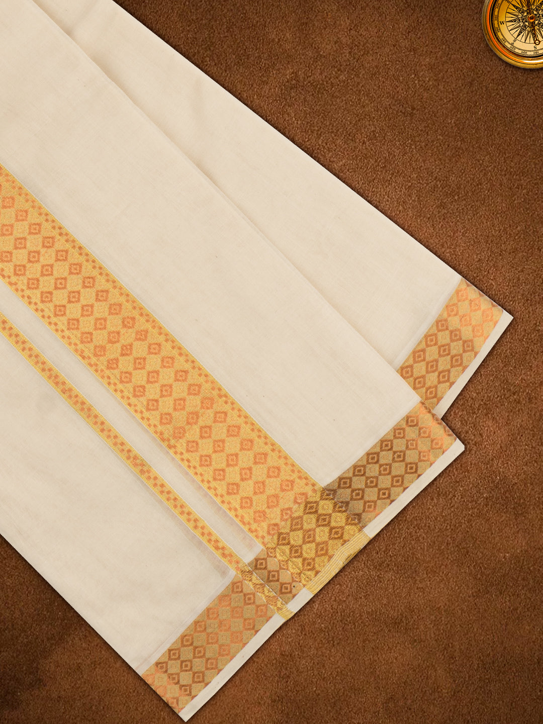 Mens Premium Handloom Gold Jari Fancy Border Cream Dhoti -110512