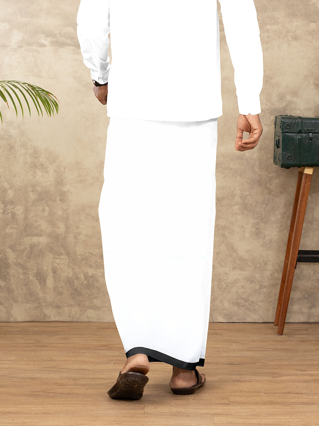 Men Cotton Blend Double Layer White Dhoti with Fancy Border TS01