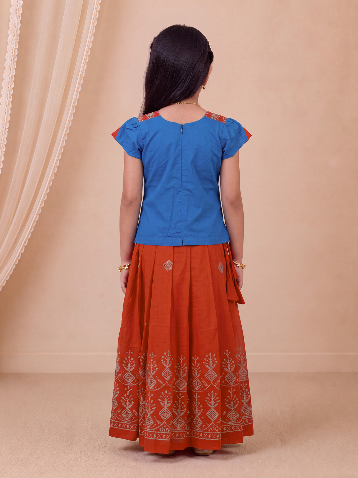 Girls Art Silk Ocean Blue with Dark Orange Pattu Pavadai Set GPS77