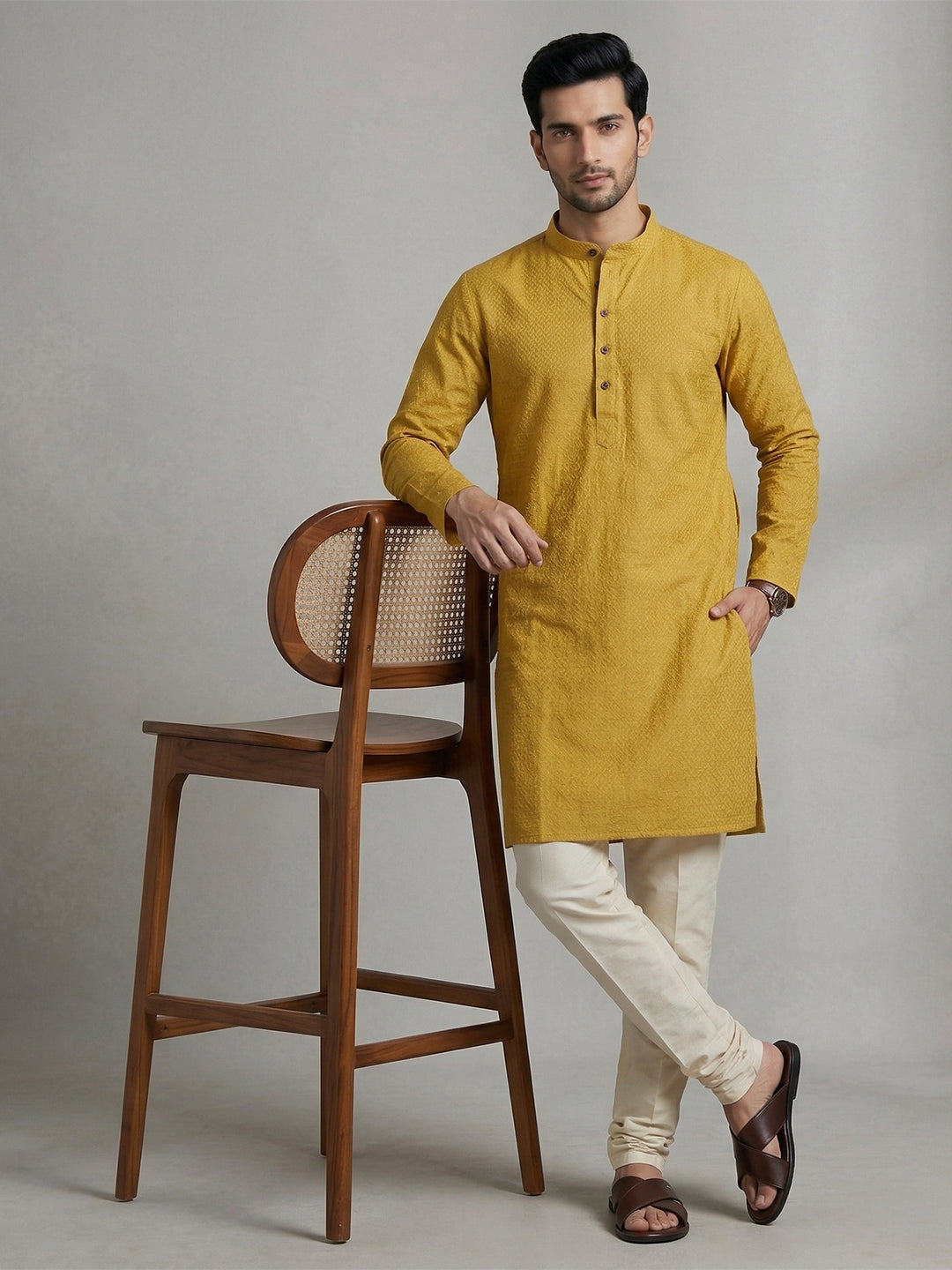 Men Cotton Medium Length Printed Pocket Kurta Mustard Yellow MHJ2
