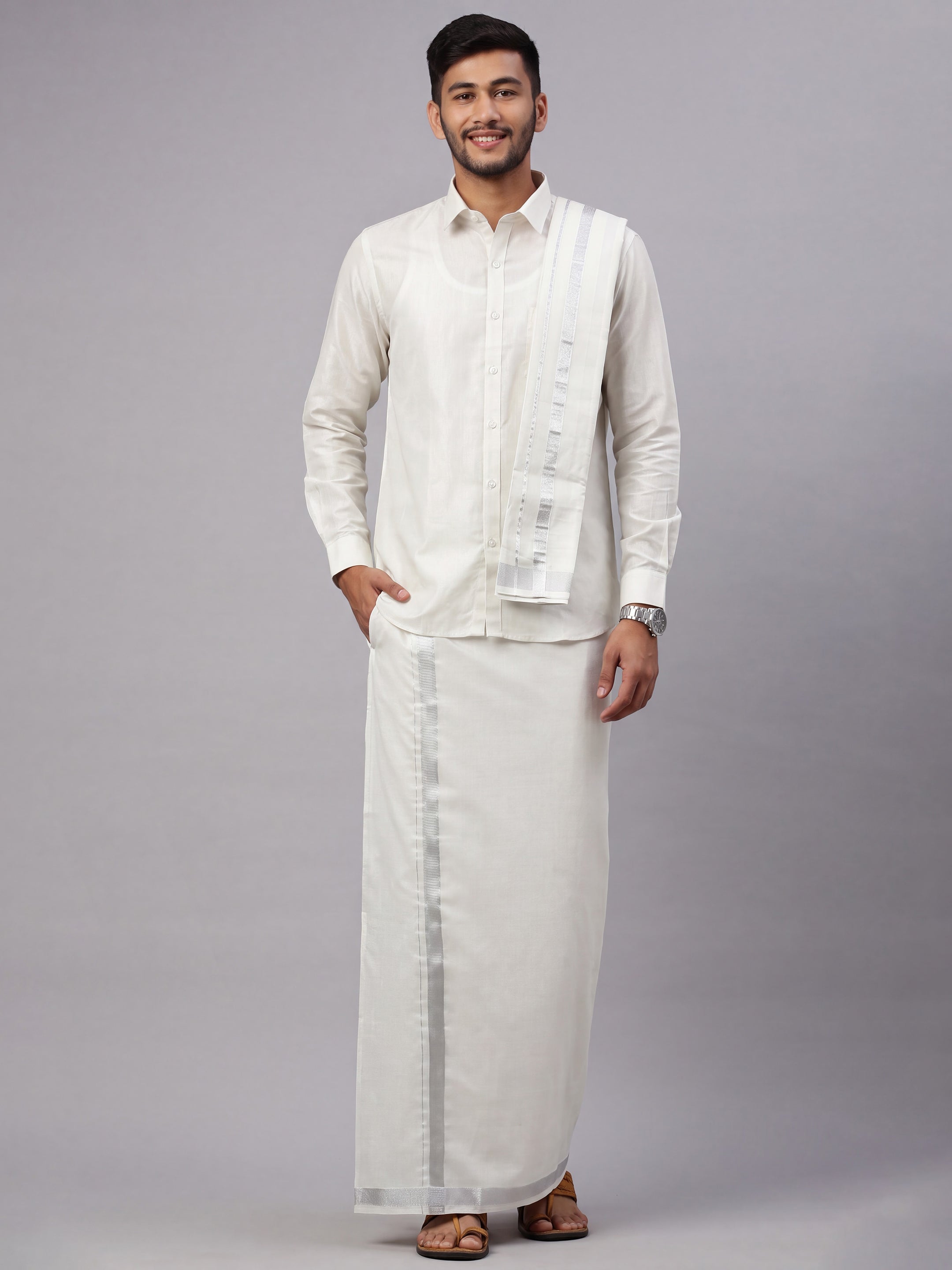 Tissue Silver Shirt Dhoti & Towel Set