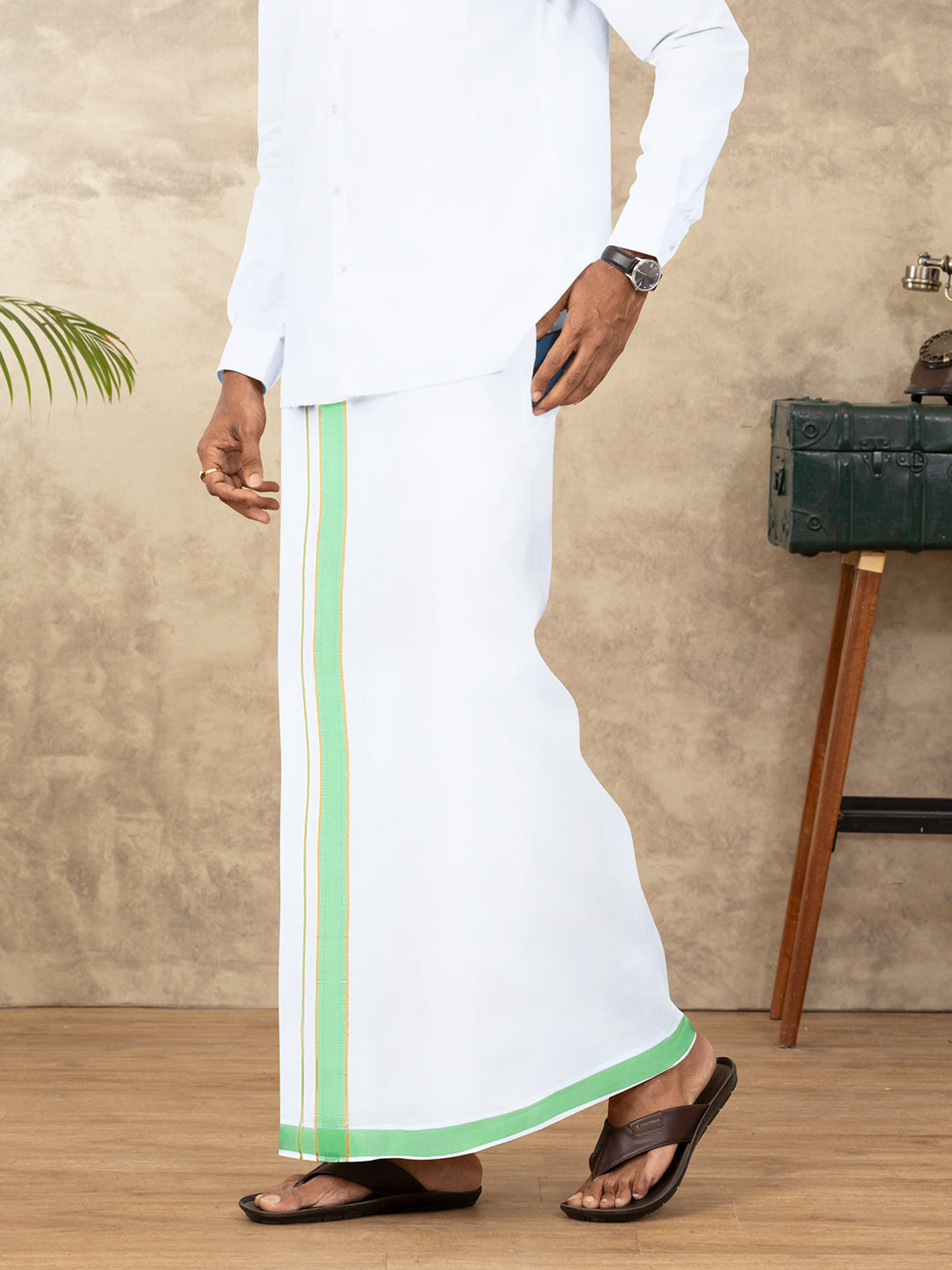Men Cotton Blend Readymade Single Layer White Dhoti with Fancy Jari Border GACJ43