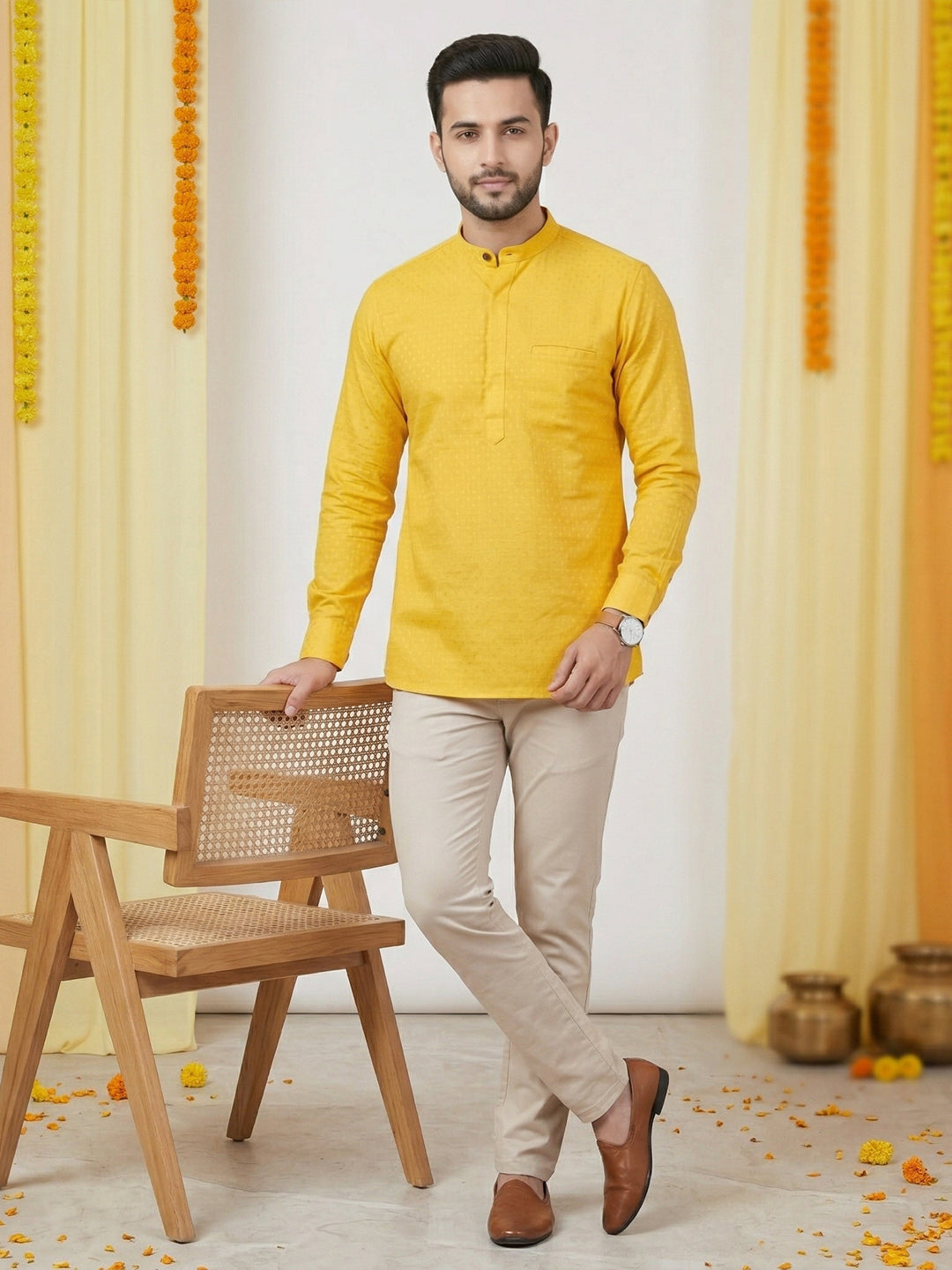 Men Cotton Short Length Self Design Pocket Kurta Dotted Yellow Y32