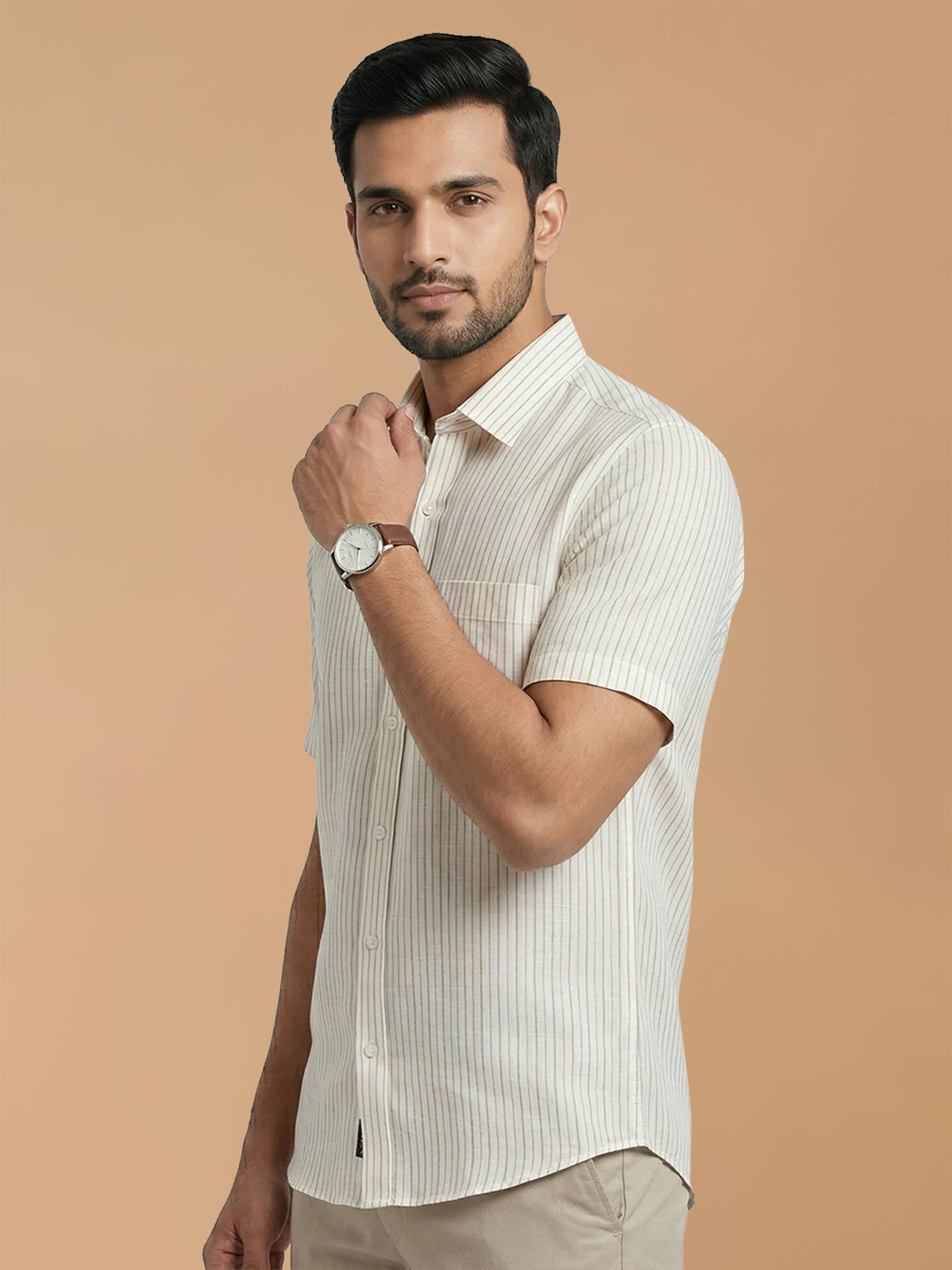 Pure Linen Beige Striped Smart Fit Shirt LS134