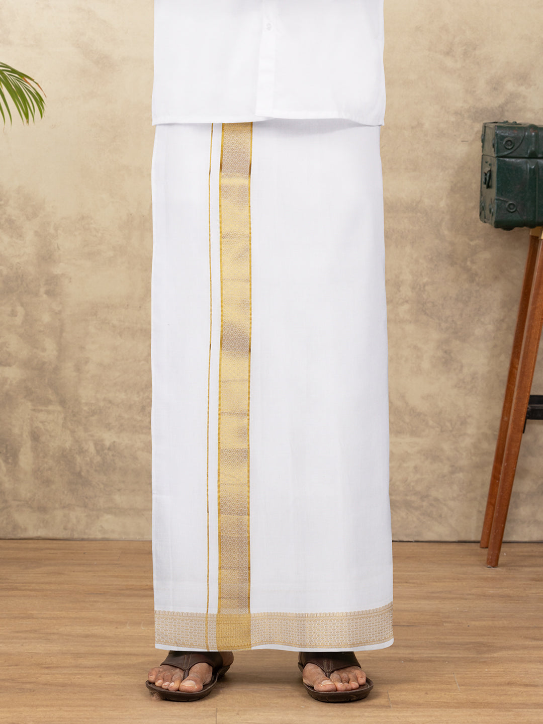 Men Cotton Blend Readymade Single Layer White Dhoti with Gold Jari Border GAA07