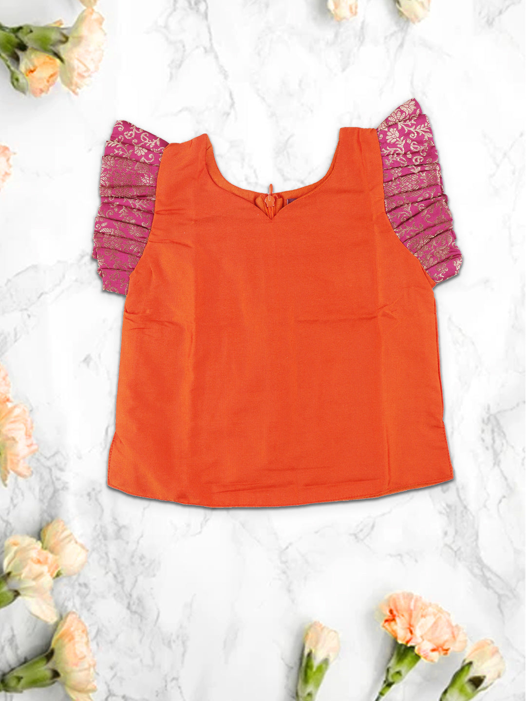 Girls Elegant Pattu Pavadai set Orange with Cherry  - GPS05