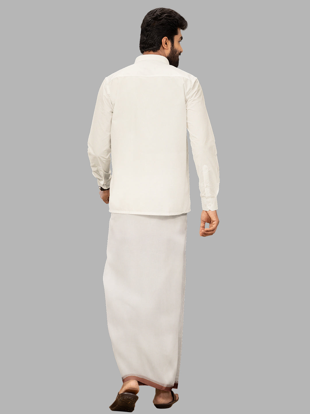 Men Brown Fancy Border Double Layer White Dhoti RP1