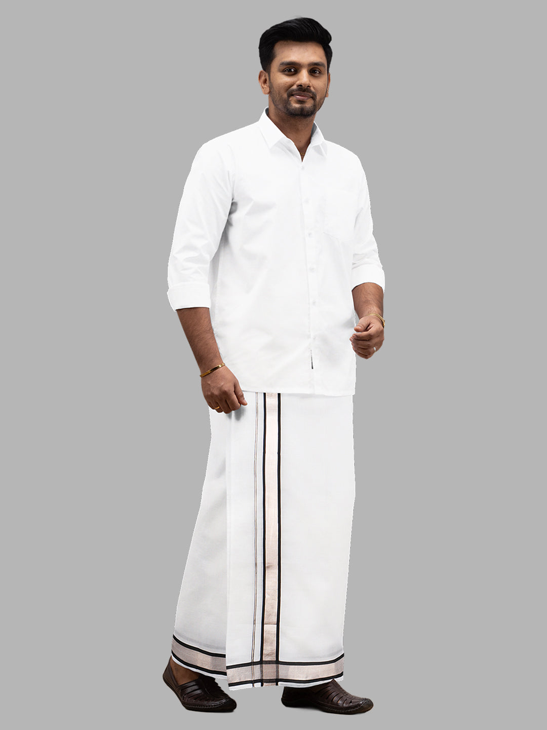 Men 100% Cotton Double Layer White Dhoti with Fancy Jari Border