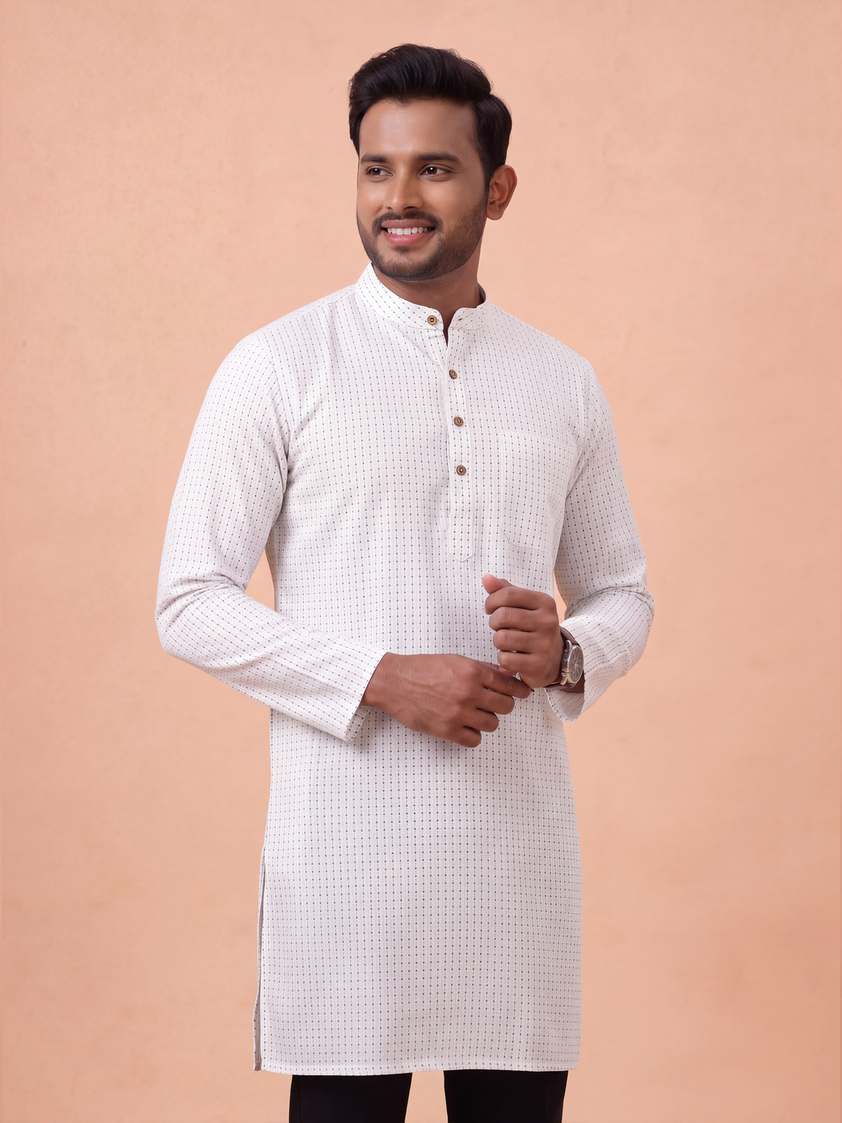 Cotton Medium Length Self Design Pocket Kurta White PC7