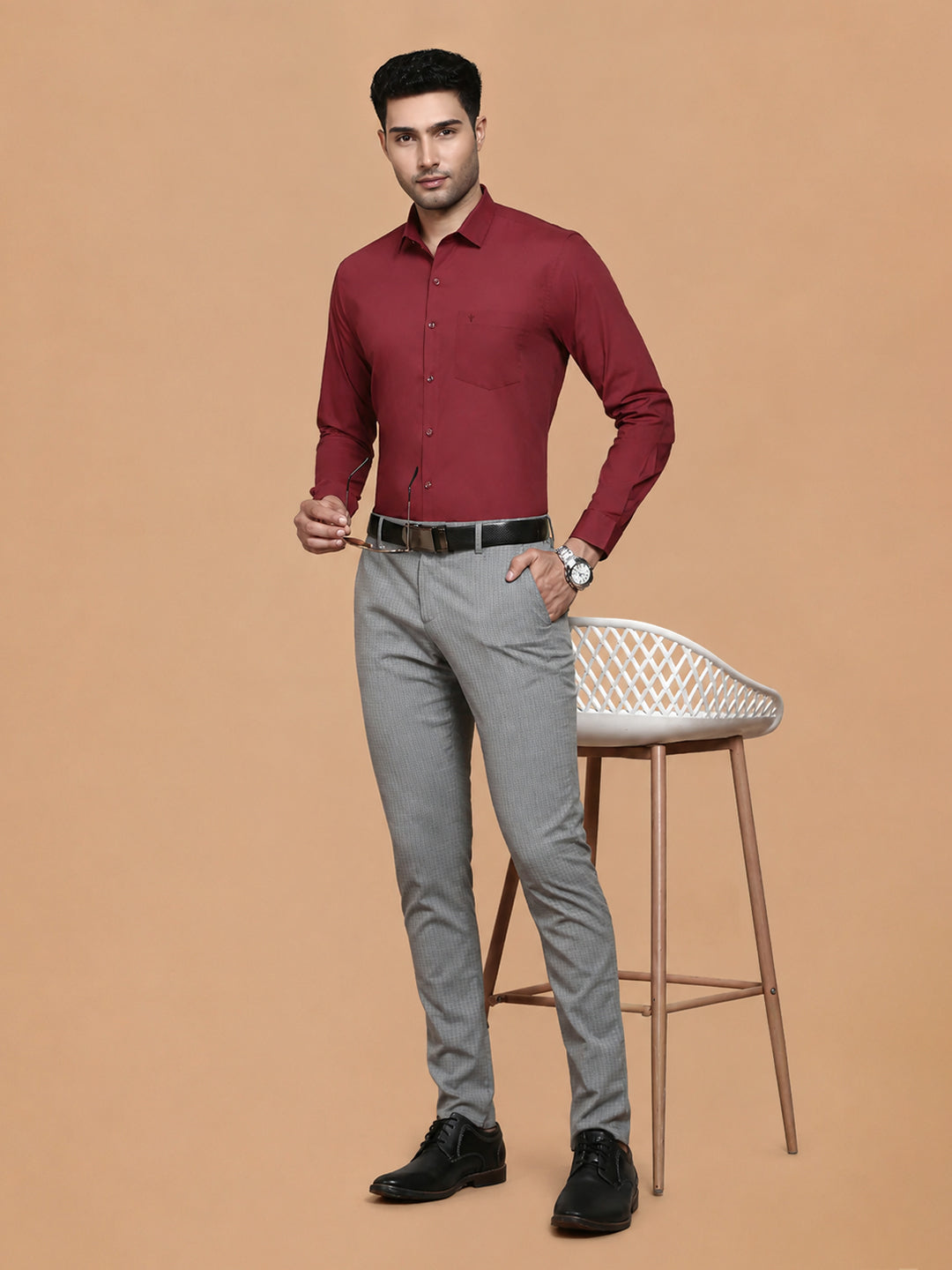 Cotton Spandex Deep Red 2 Way Stretch Smart Fit Shirt LY6