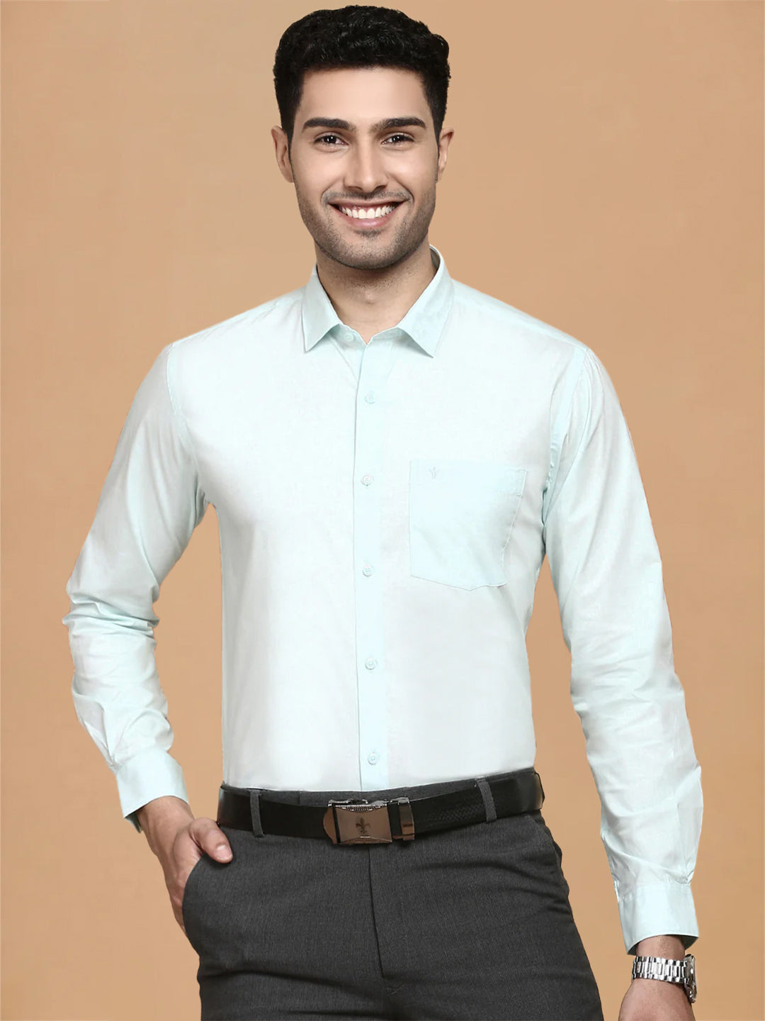 Cotton Spandex Pale Green 2 Way Stretch Smart Fit Shirt LY1
