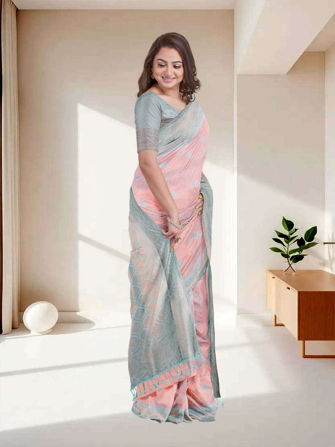 Women Peach with Green Art Silk Printed Saree ASS55