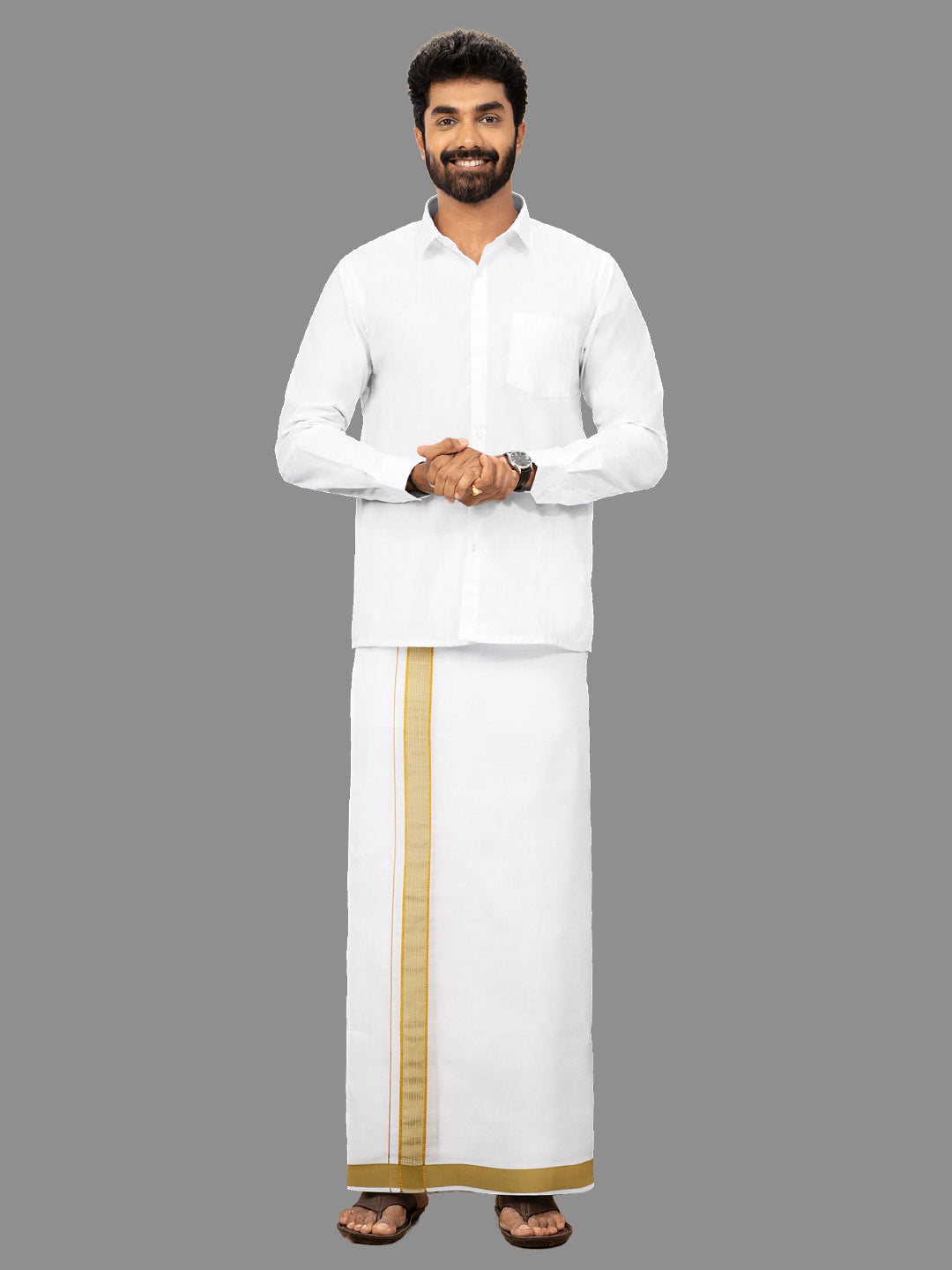 Men Gold Fancy Border Single Dhoti HGF19