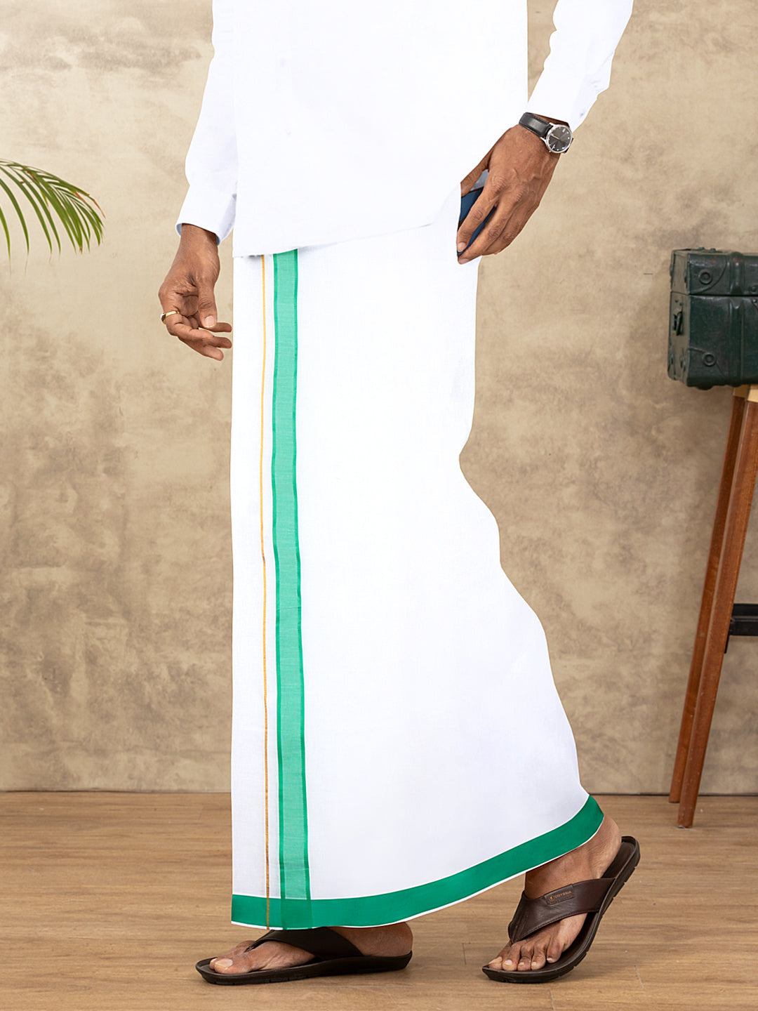 Men Cotton Blend Readymade Double Layer White Dhoti with Fancy Jari Border GFDA15
