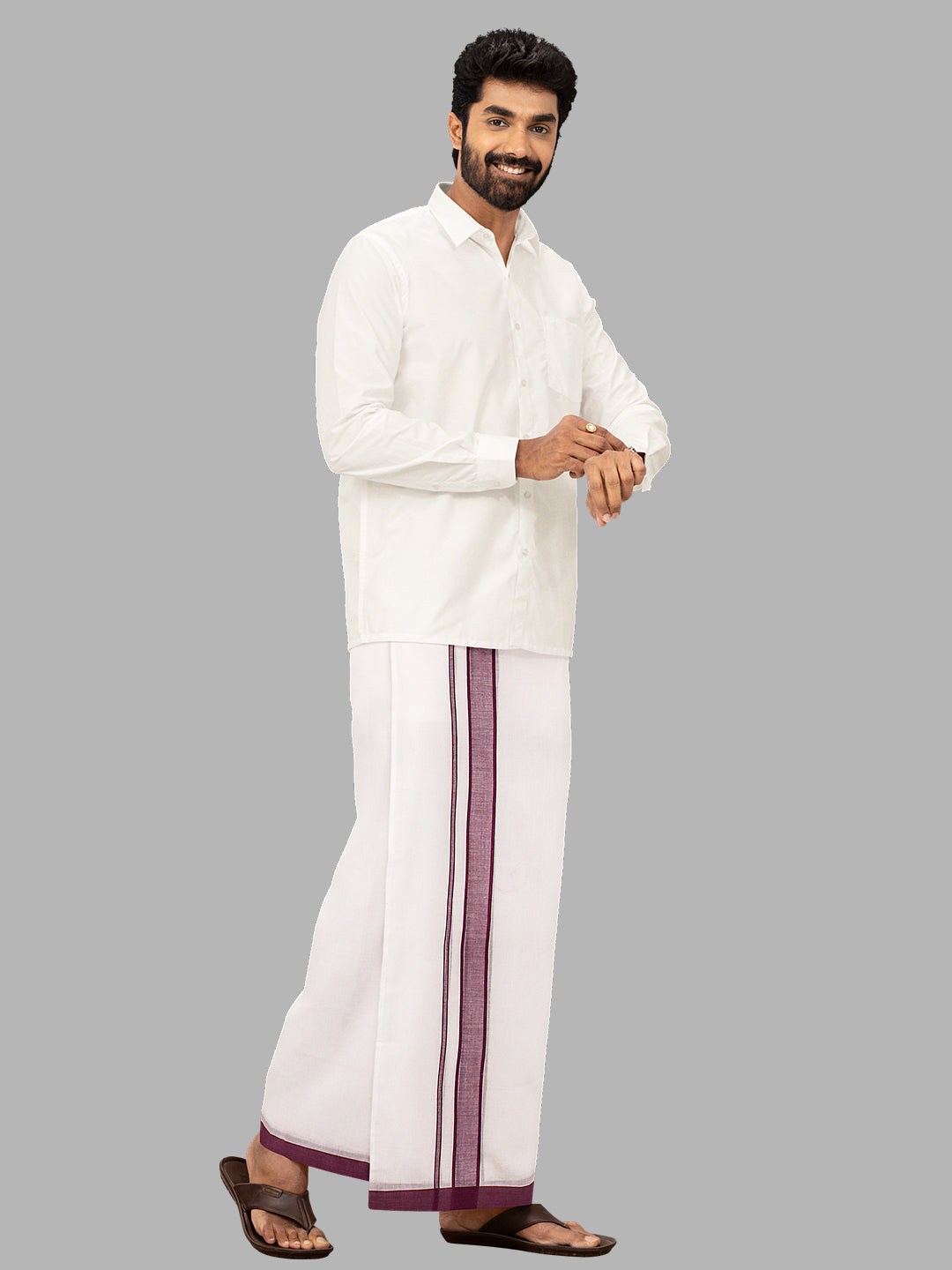 Men Maroon Fancy Border Double Layer White Dhoti RP6